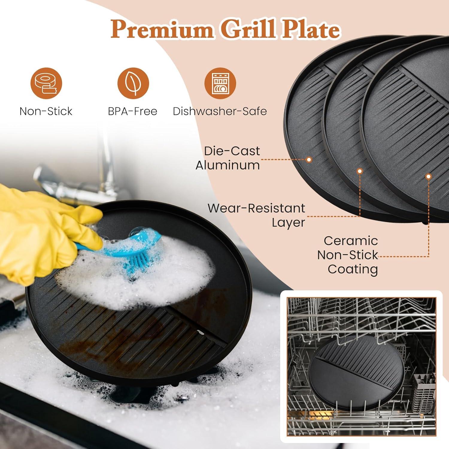 image:imageGiantex Electric Grill Indoor Outdoor Nonstick Grill Griddle Plate 3 Cooking Zones Temperature Control Drip Tray 1350W 200sqin BBQ Grill for Balcony Apartments Backyard Party Camping BlackBlack