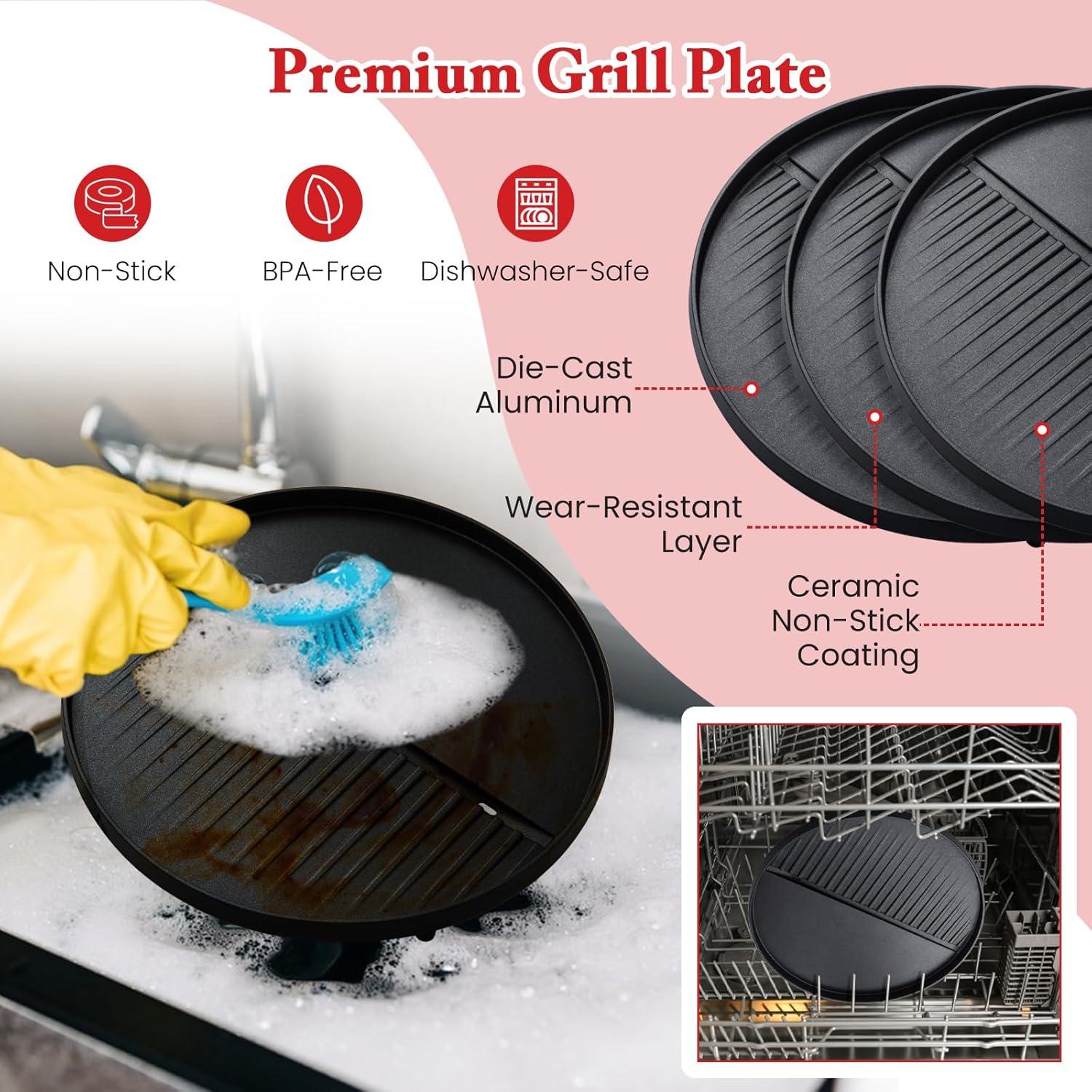 image:imageGiantex Electric Grill Indoor Outdoor Nonstick Grill Griddle Plate 3 Cooking Zones Temperature Control Drip Tray 1350W 200sqin BBQ Grill for Balcony Apartments Backyard Party Camping BlackRed