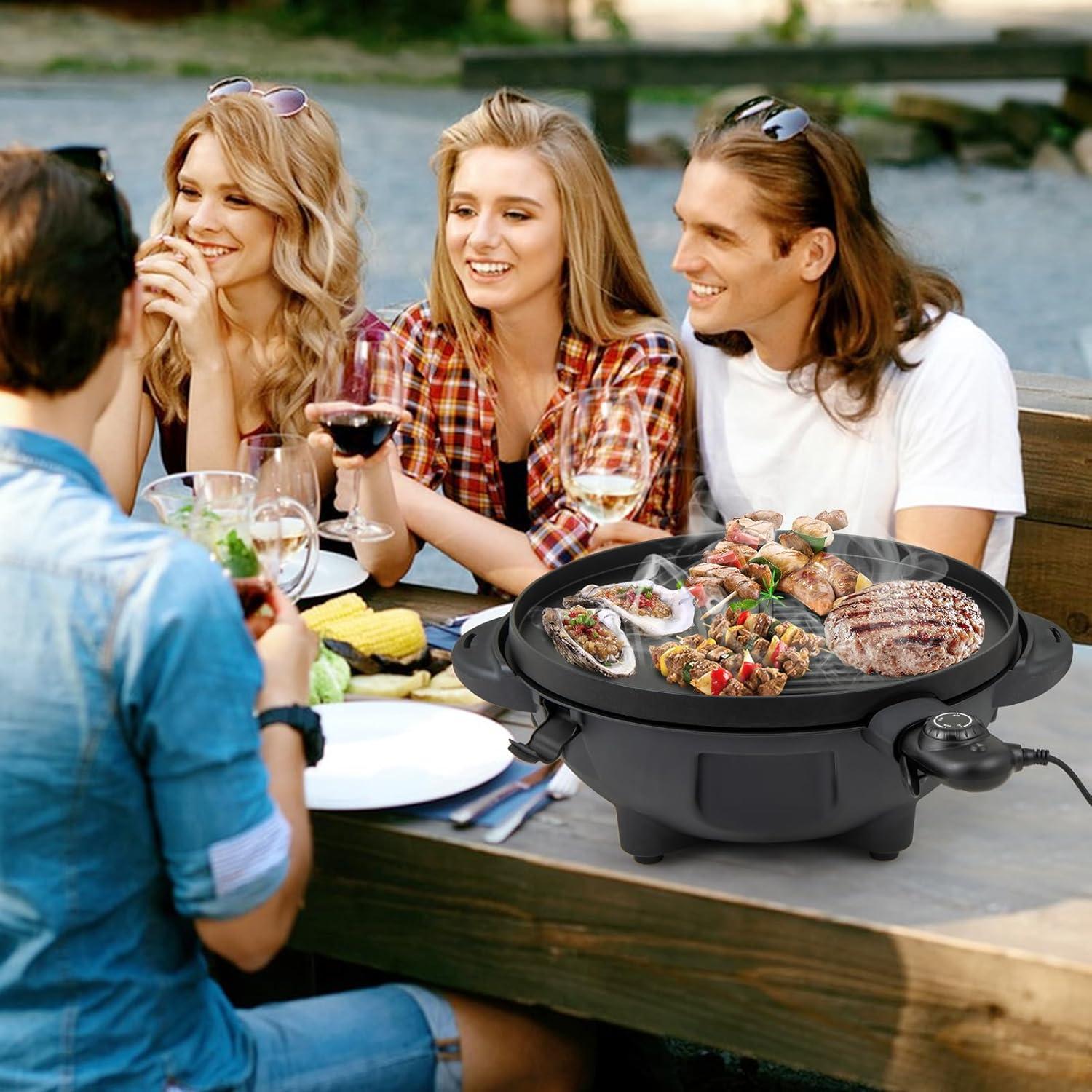 image:imageGiantex Electric Grill Indoor Outdoor Nonstick Grill Griddle Plate 3 Cooking Zones Temperature Control Drip Tray 1350W 200sqin BBQ Grill for Balcony Apartments Backyard Party Camping BlackBlack