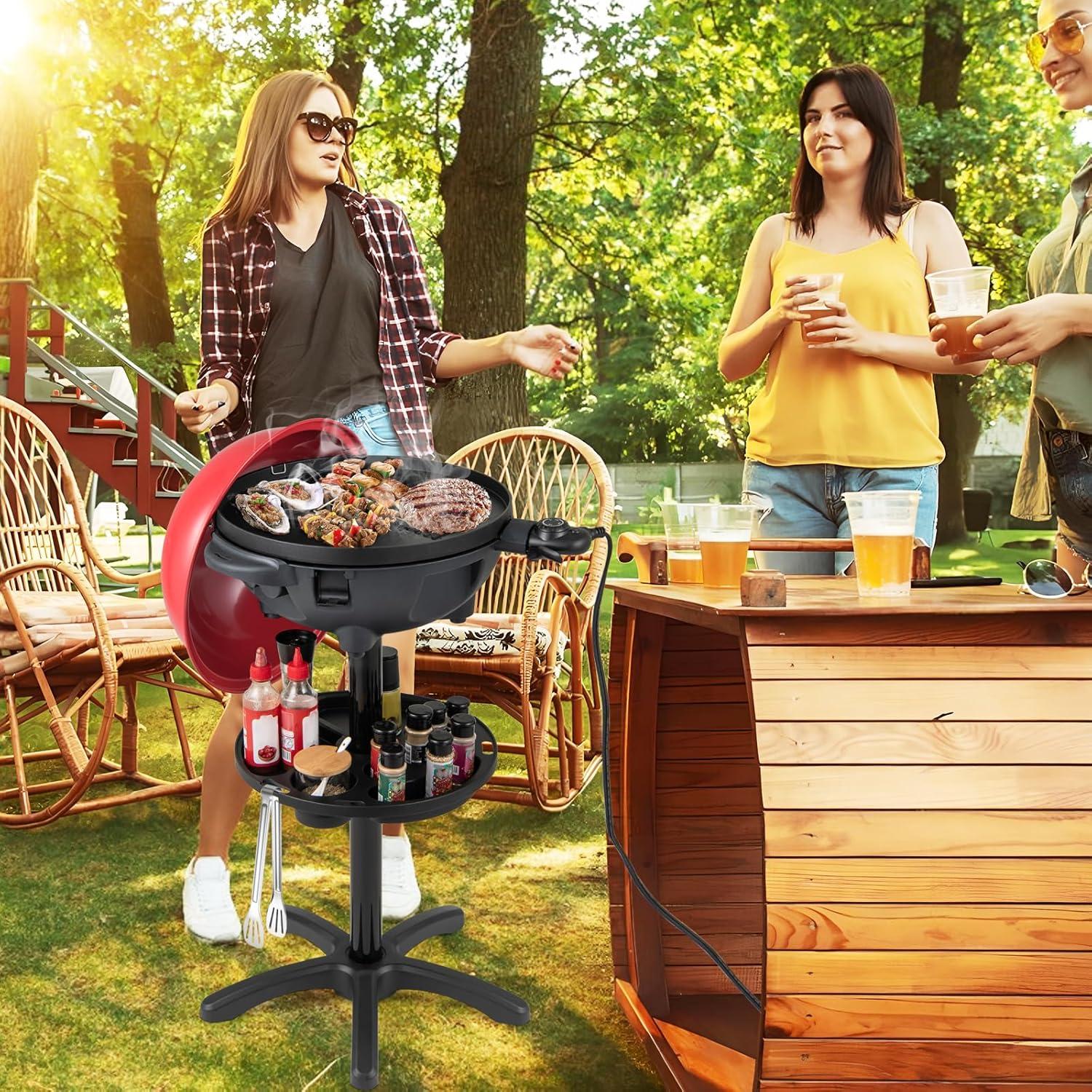 image:imageGiantex Electric Grill Indoor Outdoor Nonstick Grill Griddle Plate 3 Cooking Zones Temperature Control Drip Tray 1350W 200sqin BBQ Grill for Balcony Apartments Backyard Party Camping BlackRed