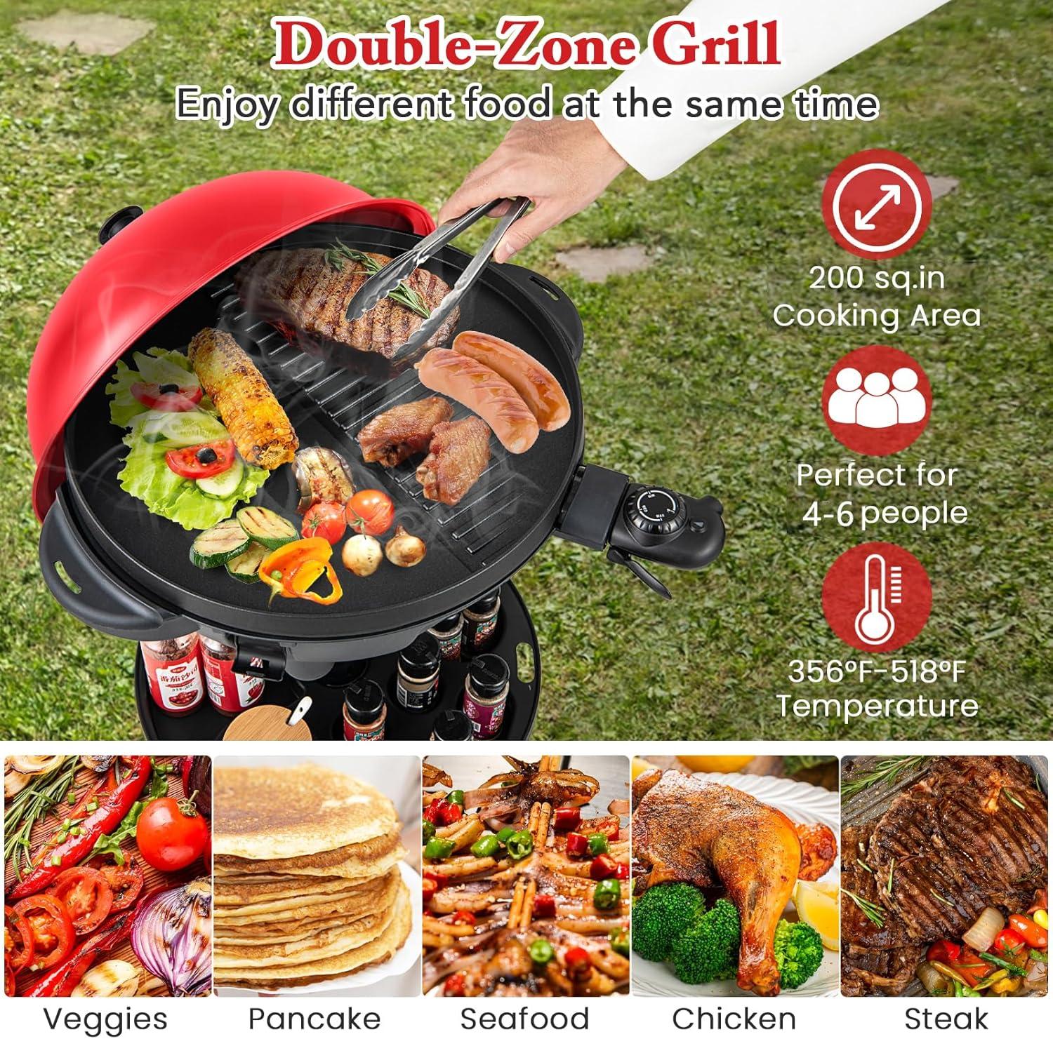 image:imageGiantex Electric Grill Indoor Outdoor Nonstick Grill Griddle Plate 3 Cooking Zones Temperature Control Drip Tray 1350W 200sqin BBQ Grill for Balcony Apartments Backyard Party Camping BlackRed