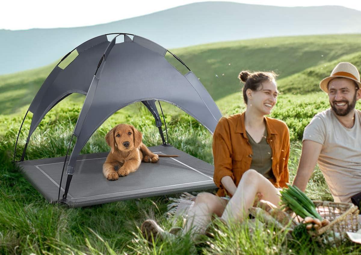 image:imageGiantex Elevated Dog Bed with Canopy Portable Indoor Outdoor Pet Cot for Camping Beach Lawn Keep Dogs Cats Cool in Summer Breathable Fabric Steel Frame Easy Assembly XL 415 x 345 x 35L 355 x 32 x 32