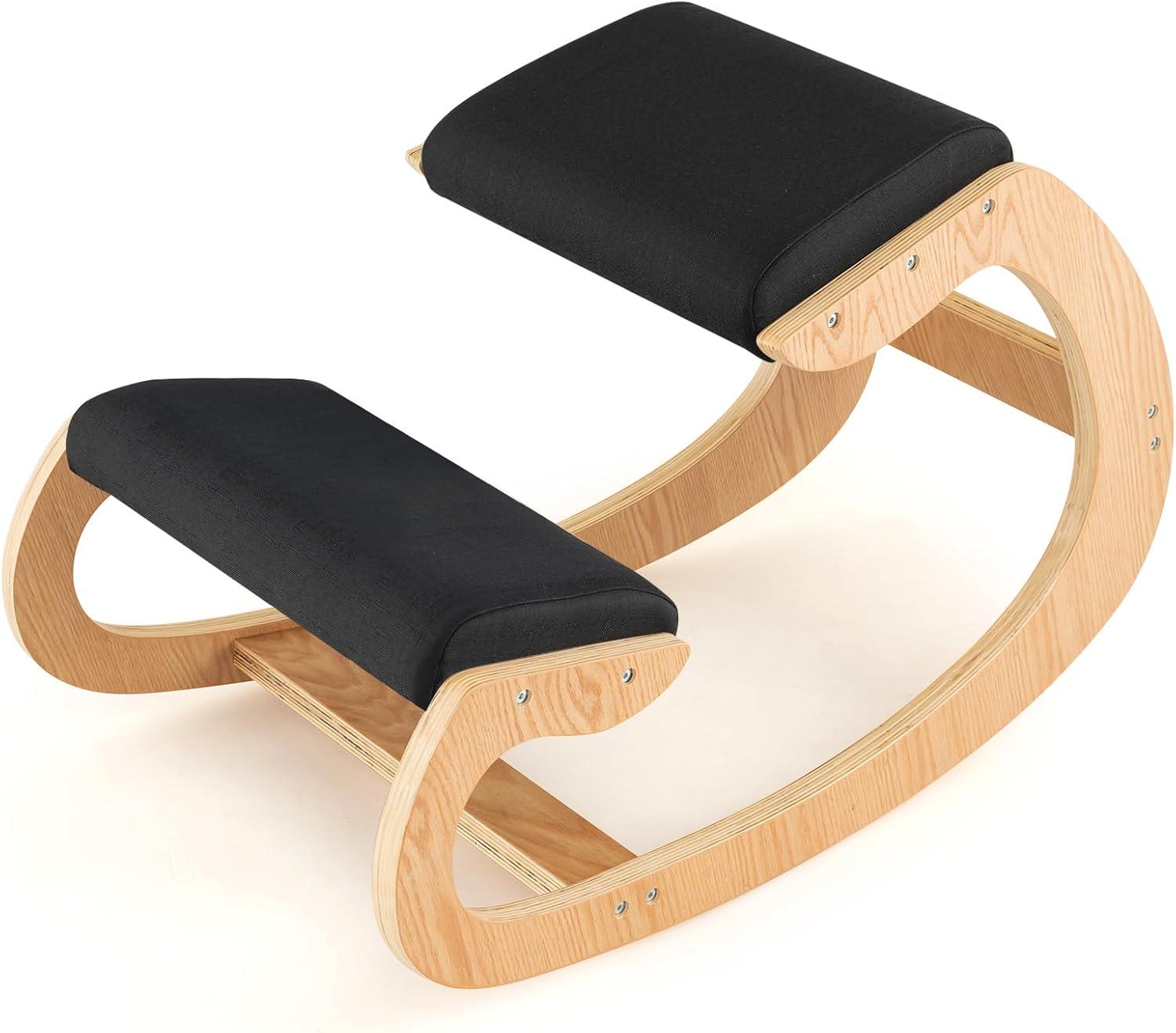 image:imageGiantex Ergonomic Kneeling Chair Posture Chair for Desk with Cushion Solid Wood Frame Max Load 330 Lbs Comfortable Ergo Rocking Kneel Chair for Office Home Study BlackBlack