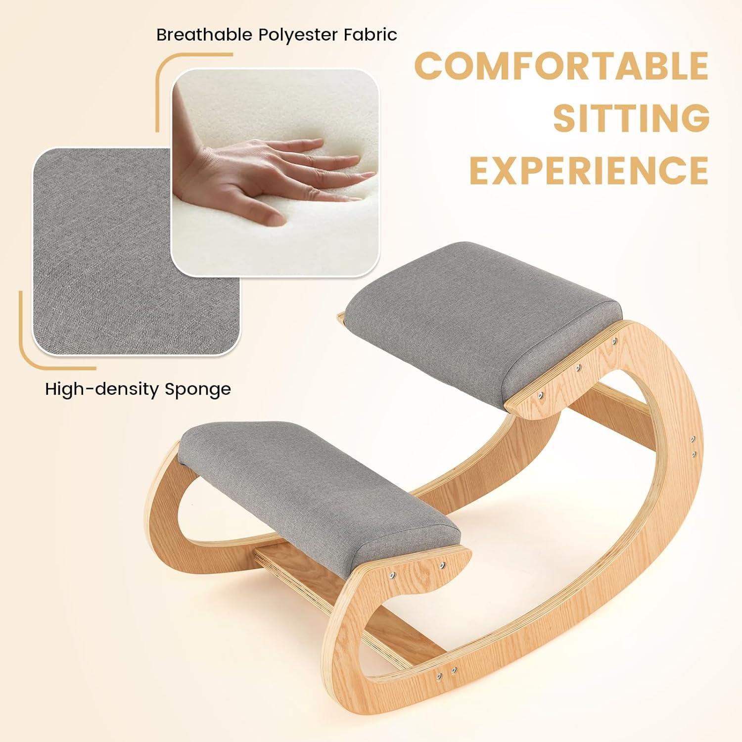 image:imageGiantex Ergonomic Kneeling Chair Posture Chair for Desk with Cushion Solid Wood Frame Max Load 330 Lbs Comfortable Ergo Rocking Kneel Chair for Office Home Study BlackGrey