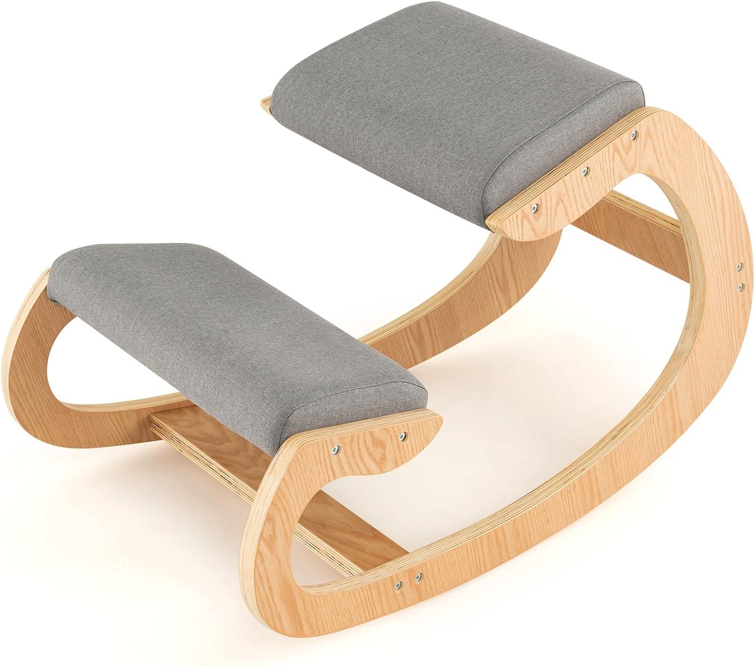 image:imageGiantex Ergonomic Kneeling Chair Posture Chair for Desk with Cushion Solid Wood Frame Max Load 330 Lbs Comfortable Ergo Rocking Kneel Chair for Office Home Study BlackGrey