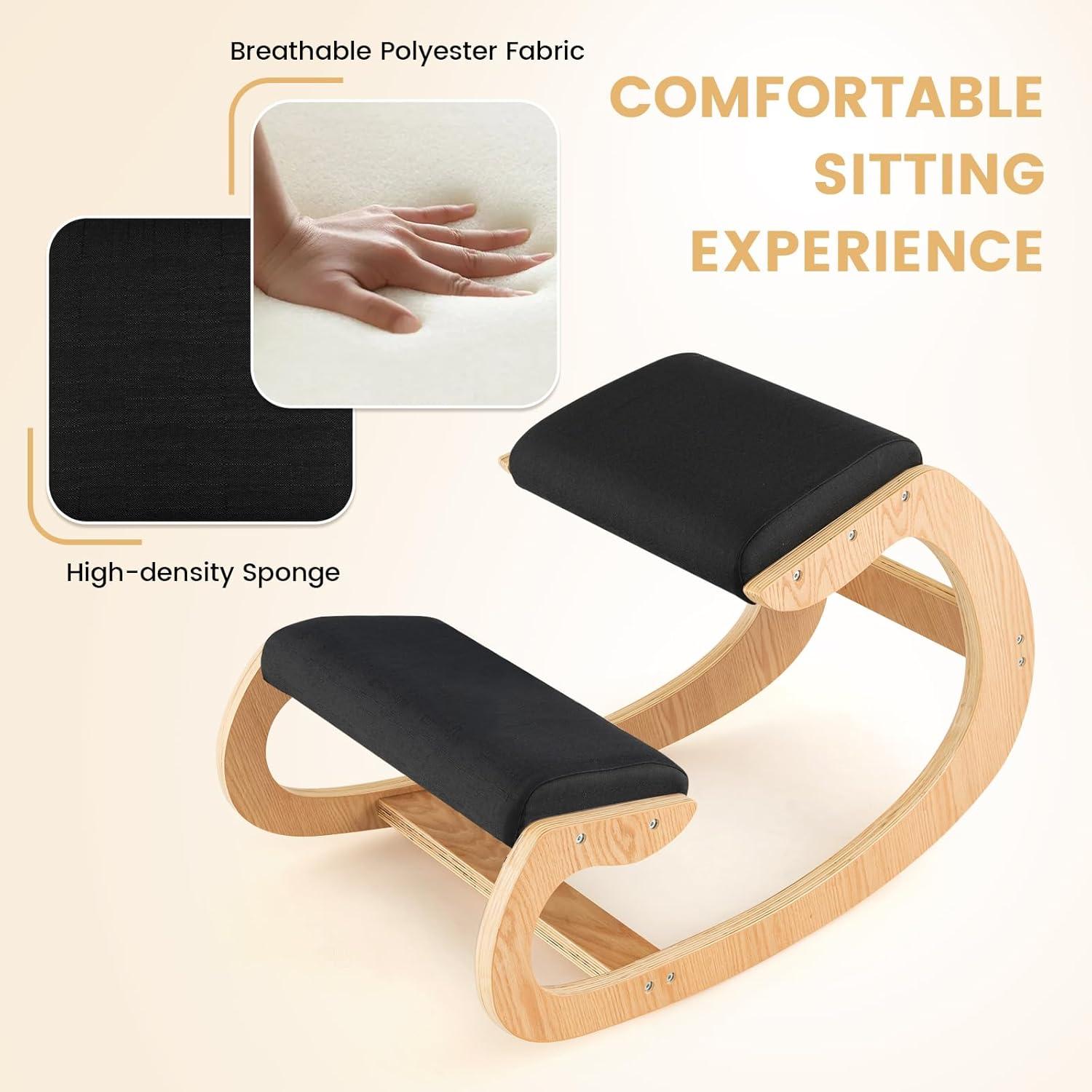 image:imageGiantex Ergonomic Kneeling Chair Posture Chair for Desk with Cushion Solid Wood Frame Max Load 330 Lbs Comfortable Ergo Rocking Kneel Chair for Office Home Study BlackBlack