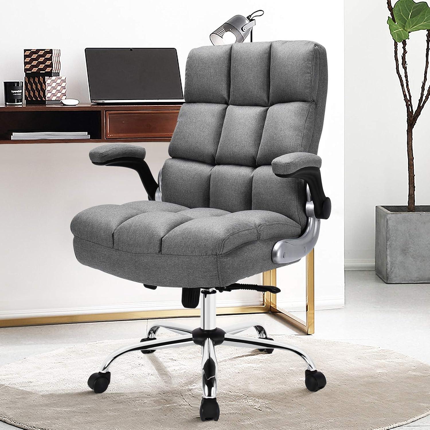 image:imageGiantex Executive Office Chair Big and Tall Ergonomic Computer Chair Adjustable Tilt Angle and Flipup Armrest Linen Fabric Upholstered Chair with Thick Padding High Back Managerial Chair GreyGrey
