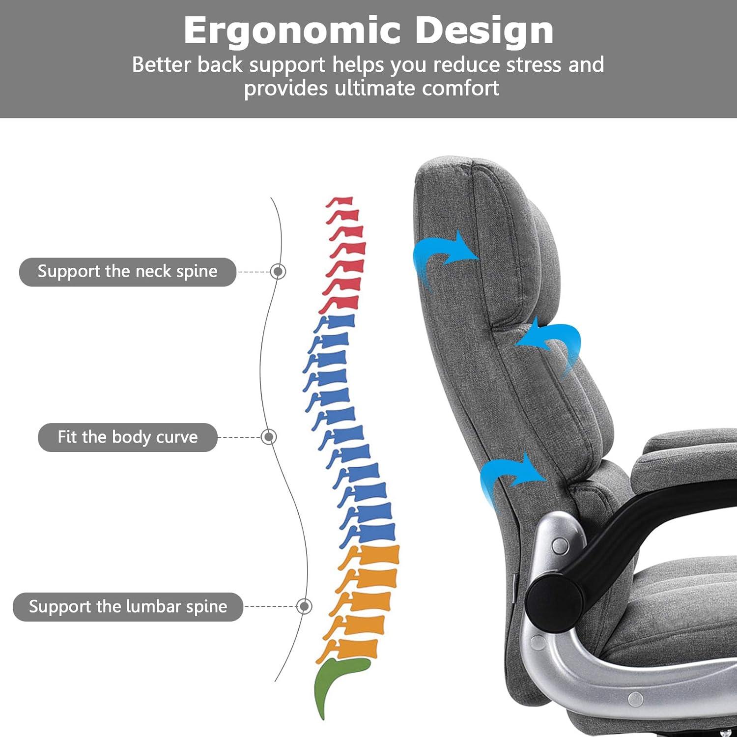 image:imageGiantex Executive Office Chair Big and Tall Ergonomic Computer Chair Adjustable Tilt Angle and Flipup Armrest Linen Fabric Upholstered Chair with Thick Padding High Back Managerial Chair GreyGrey