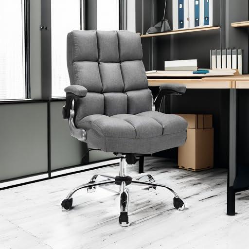 image:imageGiantex Executive Office Chair Big and Tall Ergonomic Computer Chair Adjustable Tilt Angle and Flipup Armrest Linen Fabric Upholstered Chair with Thick Padding High Back Managerial Chair GreyGrey