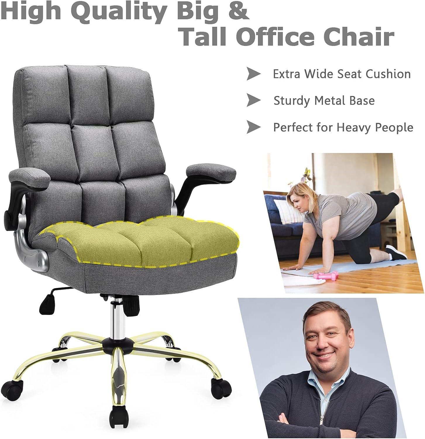 image:imageGiantex Executive Office Chair Big and Tall Ergonomic Computer Chair Adjustable Tilt Angle and Flipup Armrest Linen Fabric Upholstered Chair with Thick Padding High Back Managerial Chair GreyGrey