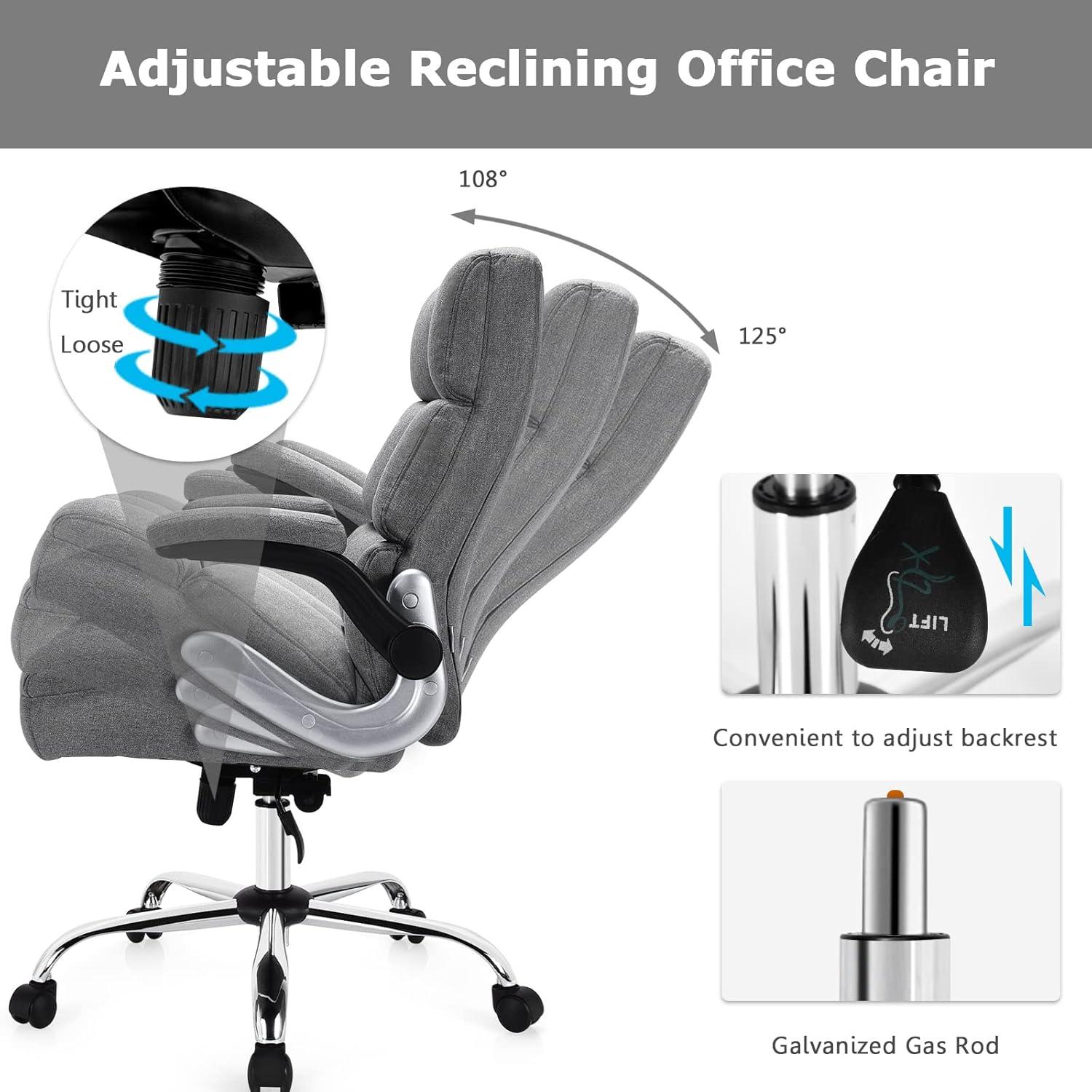 image:imageGiantex Executive Office Chair Big and Tall Ergonomic Computer Chair Adjustable Tilt Angle and Flipup Armrest Linen Fabric Upholstered Chair with Thick Padding High Back Managerial Chair GreyGrey