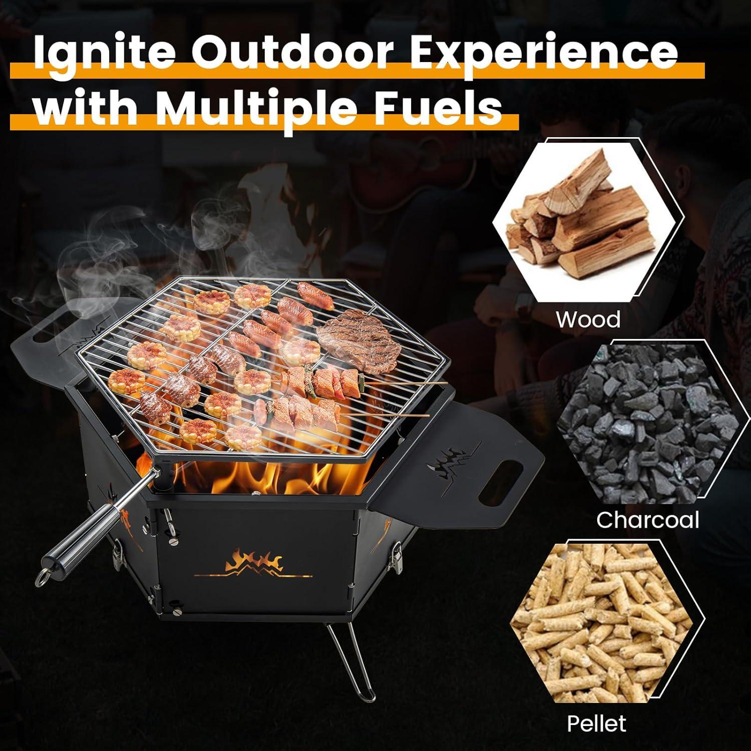 image:imageGiantex Fire Pit Grill Outdoor Fire Pit with Removable 360 Swivel Cooking Grate Collapsible Fire Bowl Foldable Legs Wood Burning BBQ Fireplaces Campfire Grill for Backyard Patio Picnic