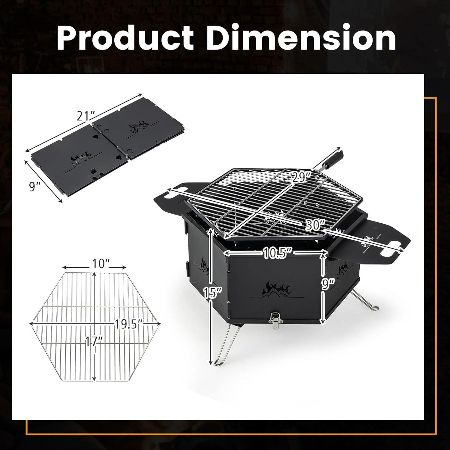 image:imageGiantex Fire Pit Grill Outdoor Fire Pit with Removable 360 Swivel Cooking Grate Collapsible Fire Bowl Foldable Legs Wood Burning BBQ Fireplaces Campfire Grill for Backyard Patio Picnic
