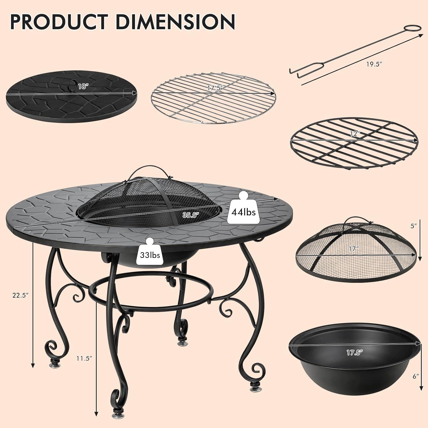 image:imageGiantex Fire Pit Table 4in1 Outdoor Dining Table 36 Inch Multifunctional Metal Round Patio Table Wood Burning Fire Pits with Cover Grill Grate Poker for Garden Poolside Backyard Fireplace