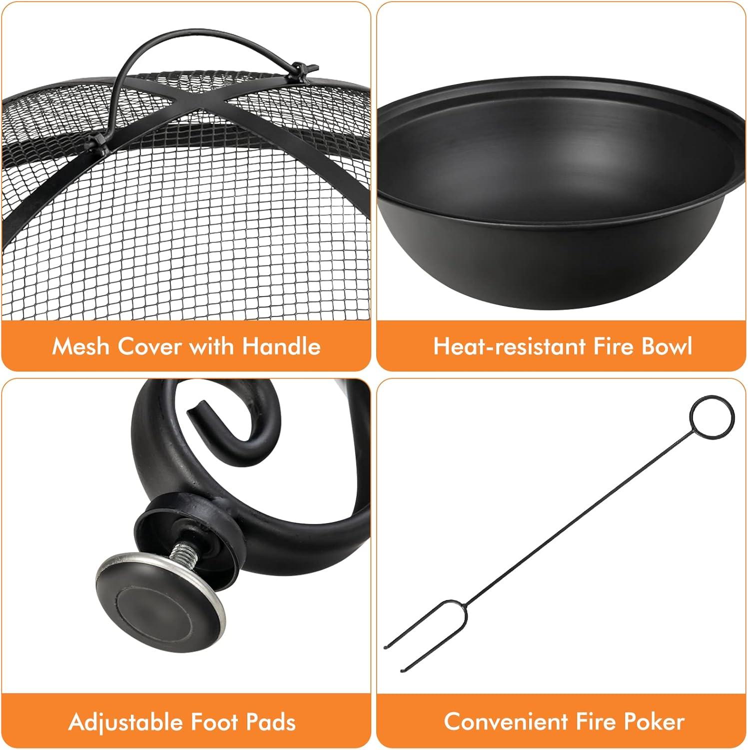 image:imageGiantex Fire Pit Table 4in1 Outdoor Dining Table 36 Inch Multifunctional Metal Round Patio Table Wood Burning Fire Pits with Cover Grill Grate Poker for Garden Poolside Backyard Fireplace