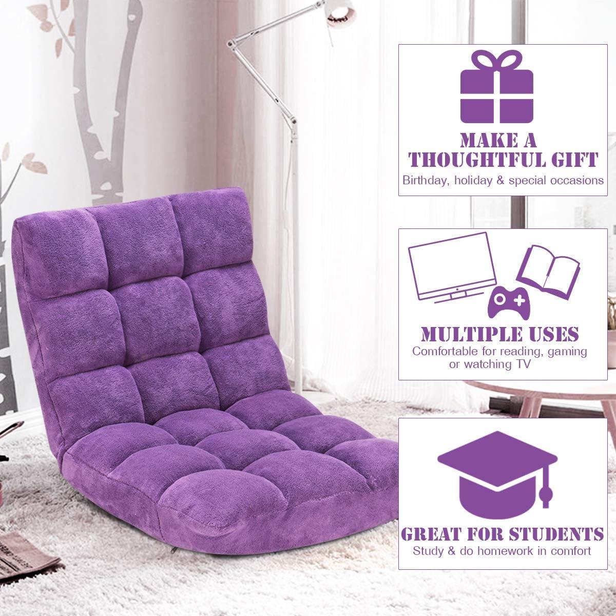 image:imageGiantex Floor Chairs for Adults Floor Gaming Chair with Back Support Coral Velvet 14 Adjustable Position Thick Sponge Padding Floor Seating Lounge for Reading Watching TV Meditation BlackPurple