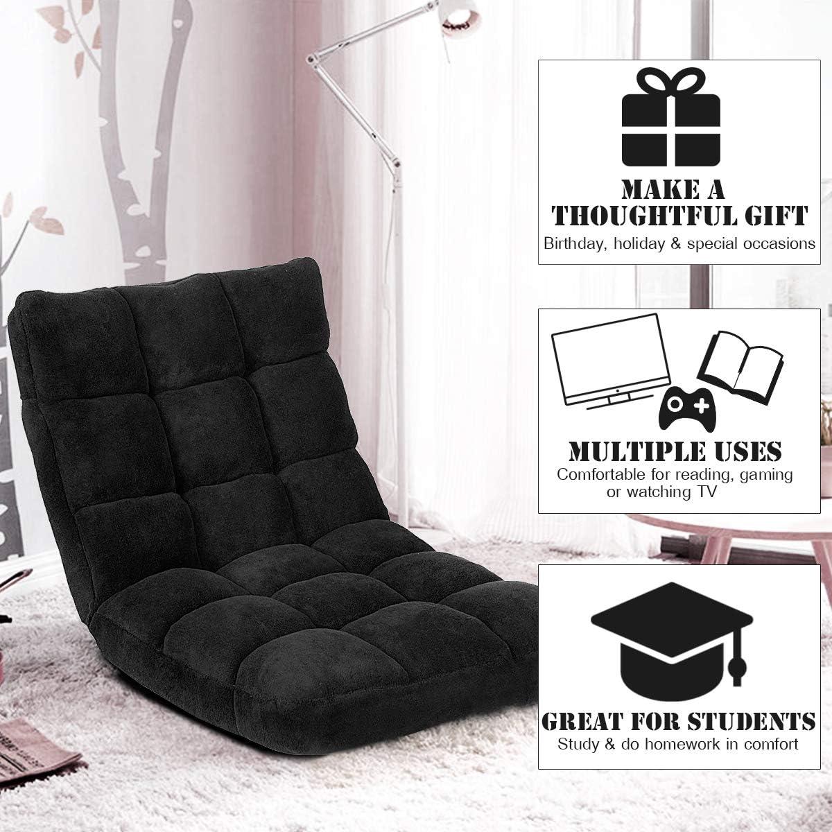 image:imageGiantex Floor Chairs for Adults Floor Gaming Chair with Back Support Coral Velvet 14 Adjustable Position Thick Sponge Padding Floor Seating Lounge for Reading Watching TV Meditation BlackBlack