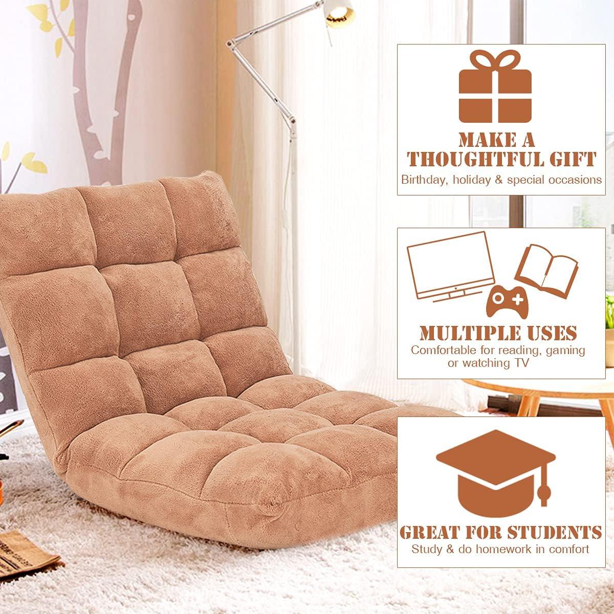 image:imageGiantex Floor Chairs for Adults Floor Gaming Chair with Back Support Coral Velvet 14 Adjustable Position Thick Sponge Padding Floor Seating Lounge for Reading Watching TV Meditation BlackKhaki