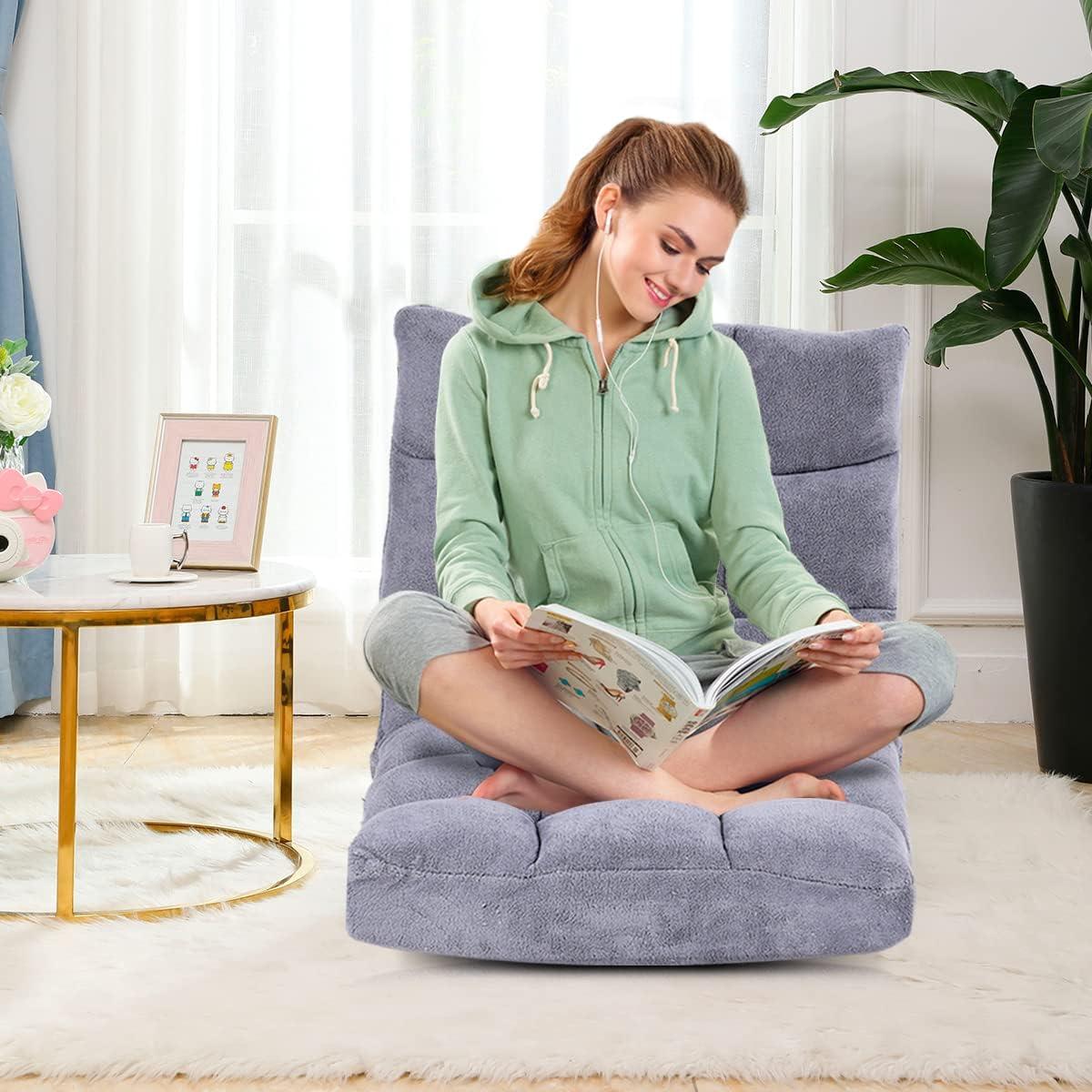 image:imageGiantex Floor Chairs for Adults Floor Gaming Chair with Back Support Coral Velvet 14 Adjustable Position Thick Sponge Padding Floor Seating Lounge for Reading Watching TV Meditation BlackGrey