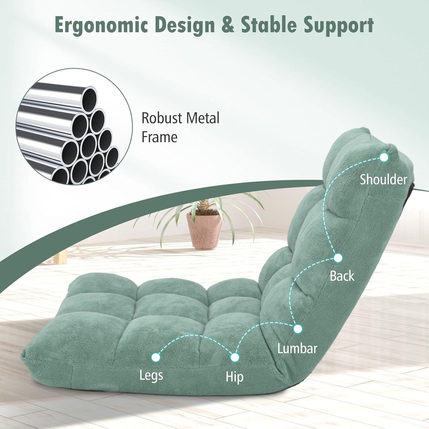 image:imageGiantex Floor Chairs for Adults Floor Gaming Chair with Back Support Coral Velvet 14 Adjustable Position Thick Sponge Padding Floor Seating Lounge for Reading Watching TV Meditation BlackGreen