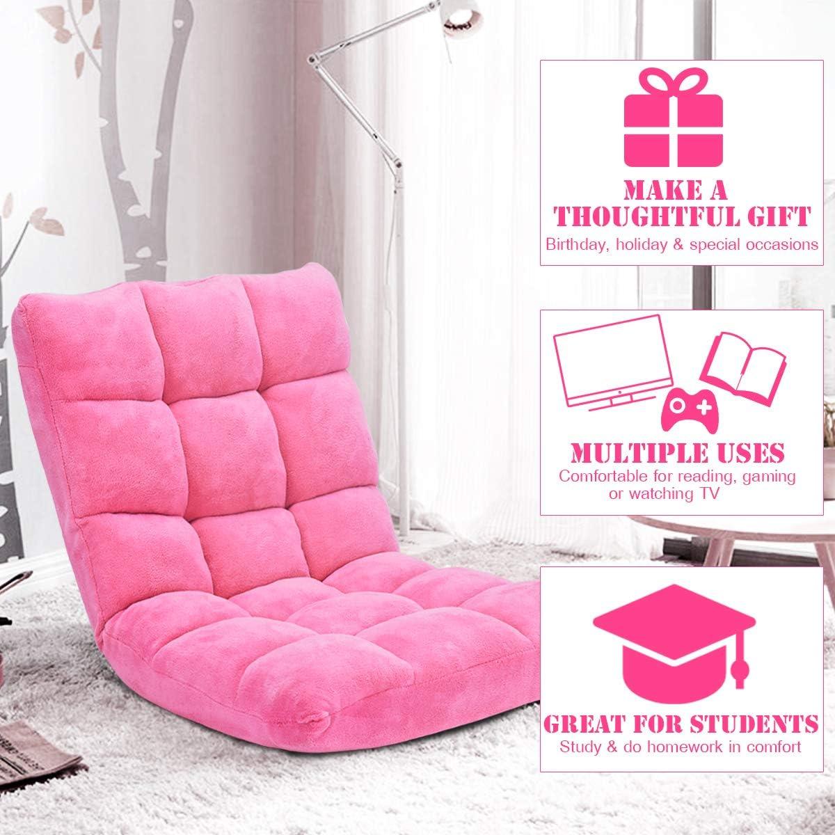 image:imageGiantex Floor Chairs for Adults Floor Gaming Chair with Back Support Coral Velvet 14 Adjustable Position Thick Sponge Padding Floor Seating Lounge for Reading Watching TV Meditation BlackPink