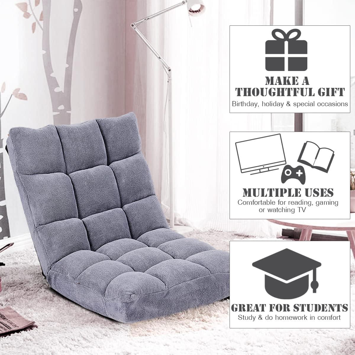 image:imageGiantex Floor Chairs for Adults Floor Gaming Chair with Back Support Coral Velvet 14 Adjustable Position Thick Sponge Padding Floor Seating Lounge for Reading Watching TV Meditation BlackGrey