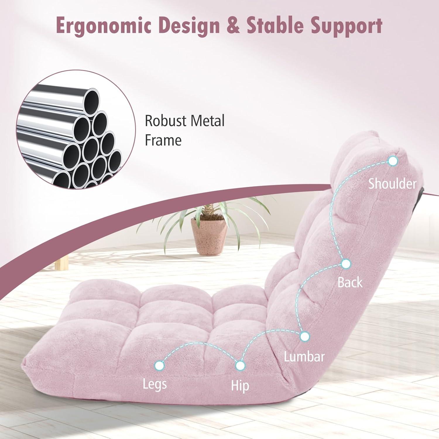 image:imageGiantex Floor Chairs for Adults Floor Gaming Chair with Back Support Coral Velvet 14 Adjustable Position Thick Sponge Padding Floor Seating Lounge for Reading Watching TV Meditation BlackLight Pink