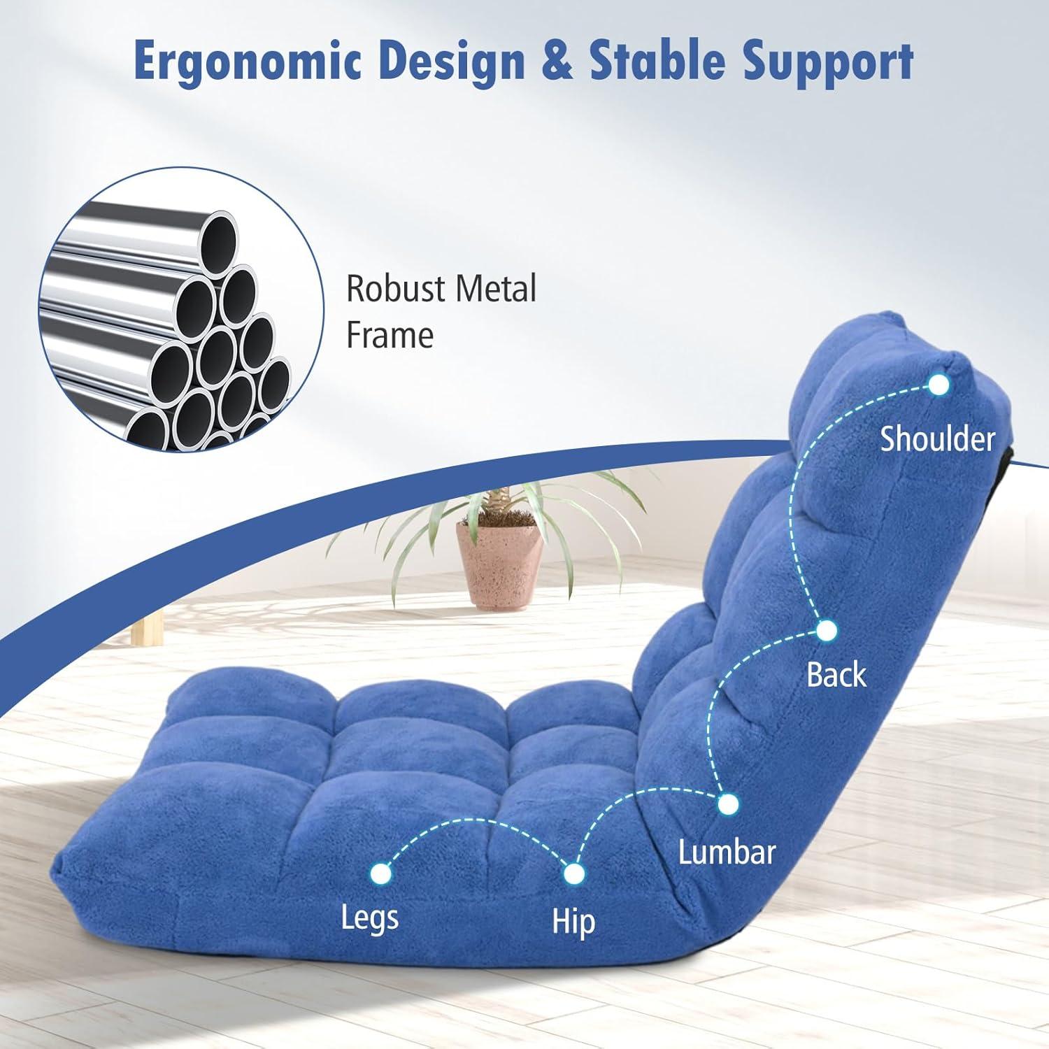 image:imageGiantex Floor Chairs for Adults Floor Gaming Chair with Back Support Coral Velvet 14 Adjustable Position Thick Sponge Padding Floor Seating Lounge for Reading Watching TV Meditation BlackBlue