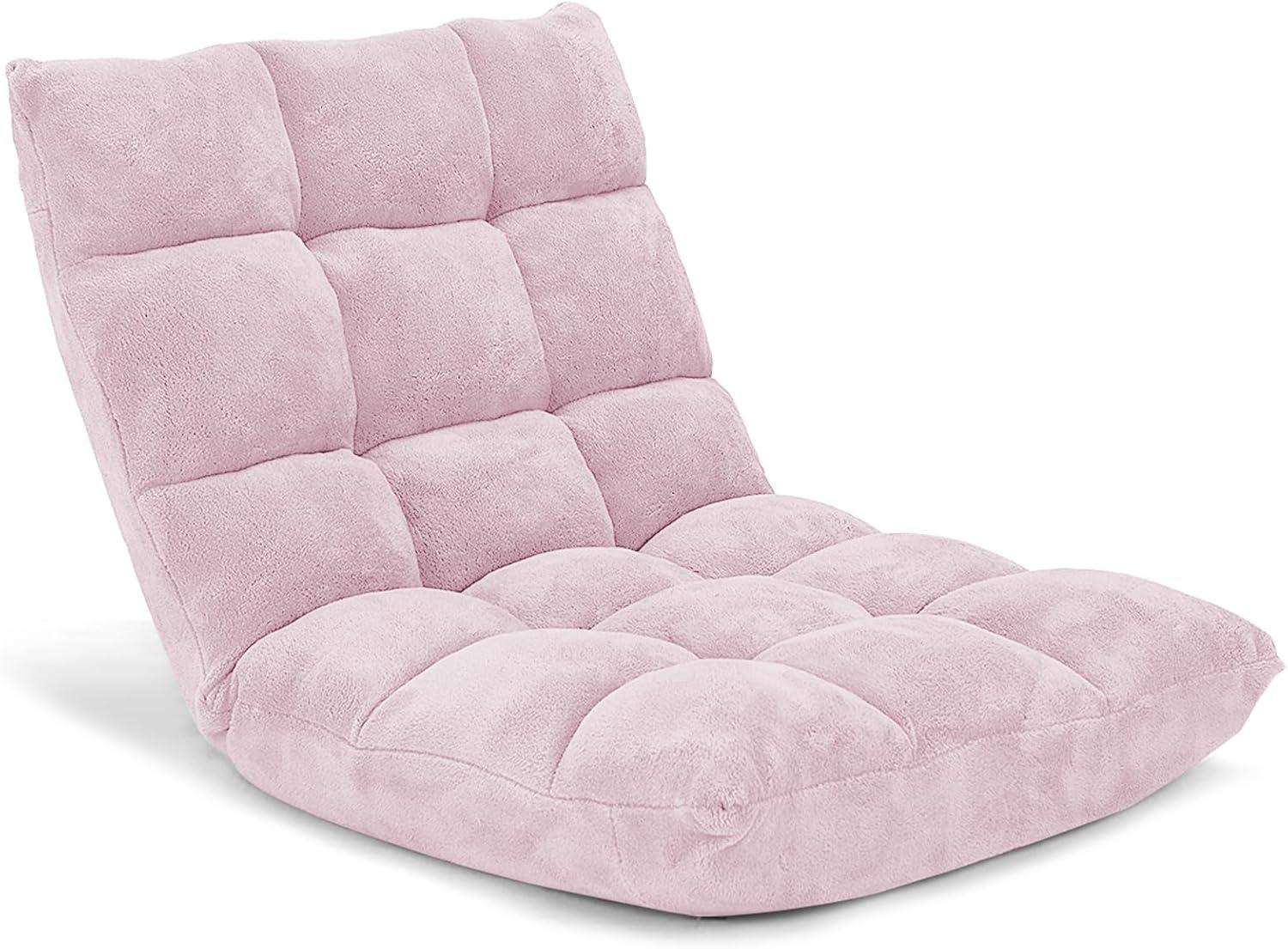 image:imageGiantex Floor Chairs for Adults Floor Gaming Chair with Back Support Coral Velvet 14 Adjustable Position Thick Sponge Padding Floor Seating Lounge for Reading Watching TV Meditation BlackLight Pink