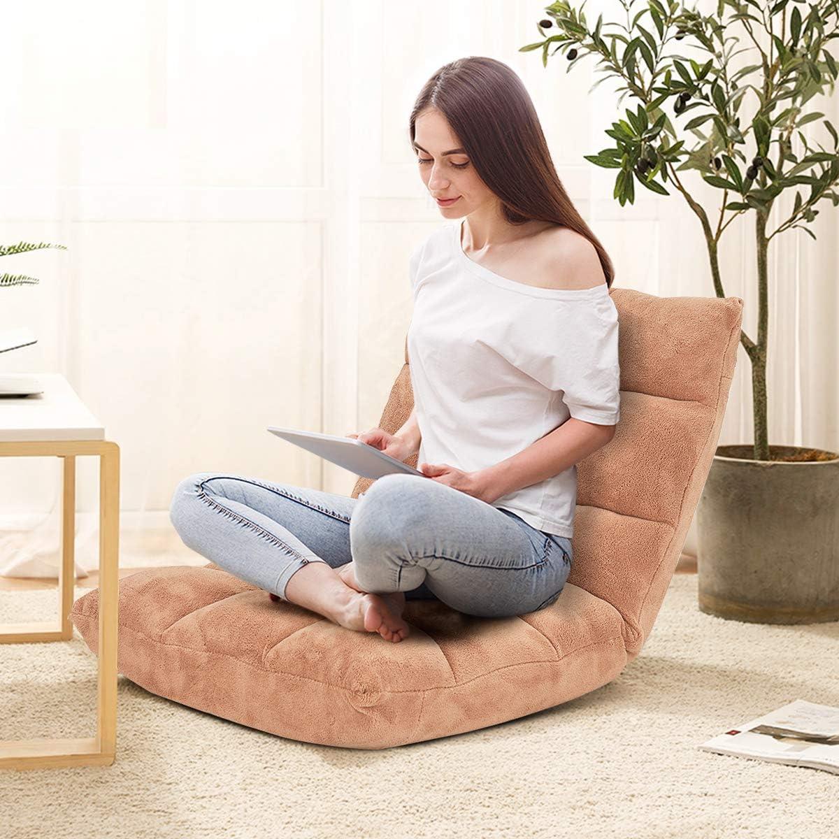 image:imageGiantex Floor Chairs for Adults Floor Gaming Chair with Back Support Coral Velvet 14 Adjustable Position Thick Sponge Padding Floor Seating Lounge for Reading Watching TV Meditation BlackKhaki