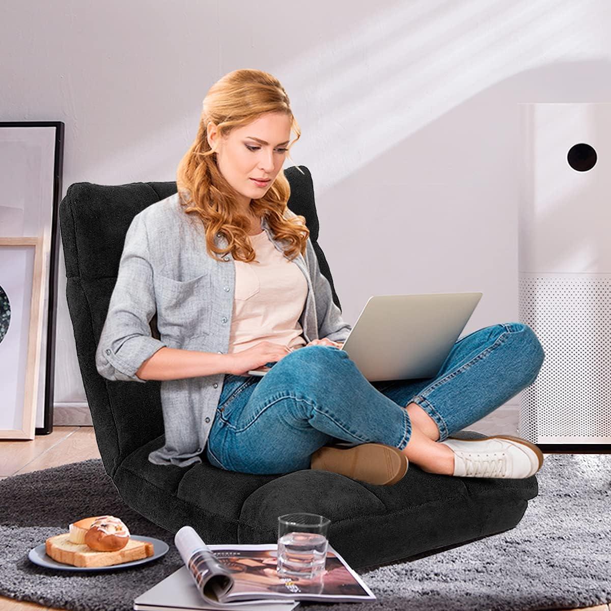 image:imageGiantex Floor Chairs for Adults Floor Gaming Chair with Back Support Coral Velvet 14 Adjustable Position Thick Sponge Padding Floor Seating Lounge for Reading Watching TV Meditation BlackBlack