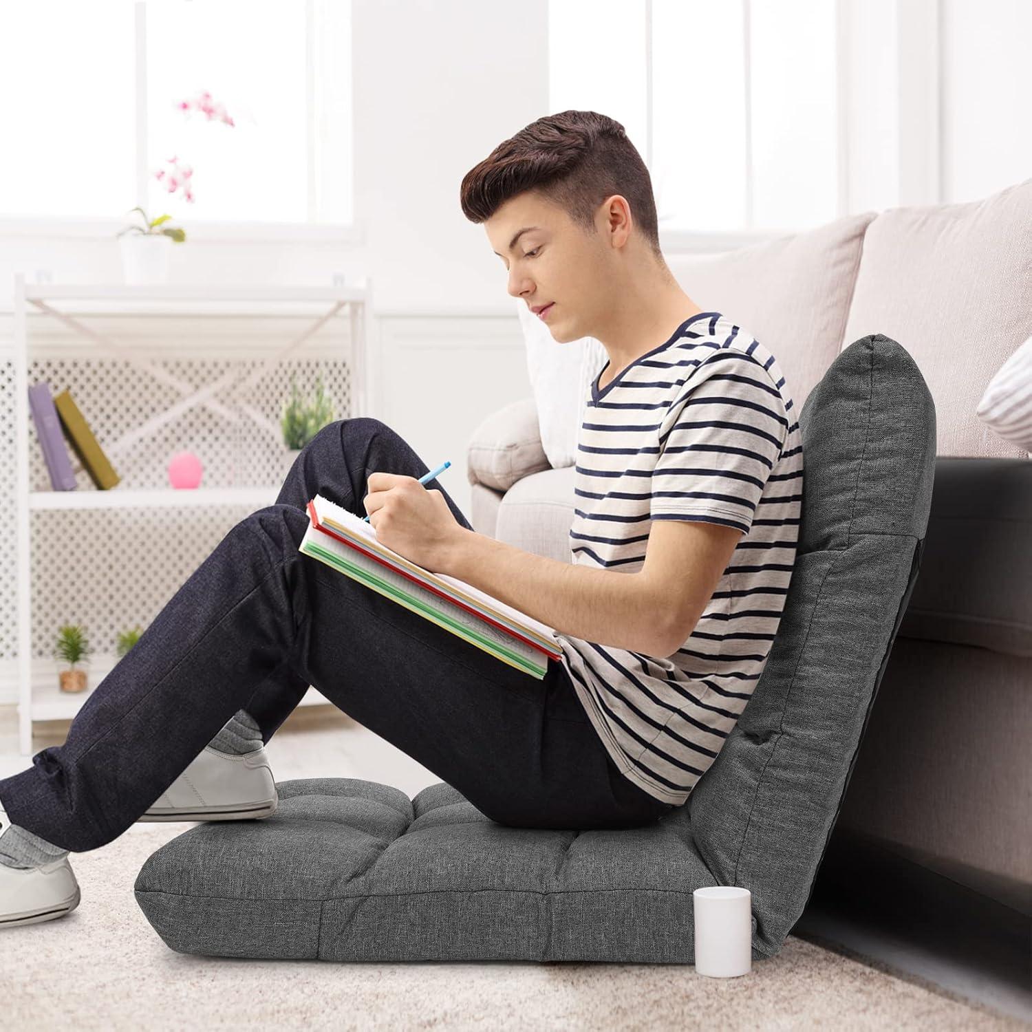 image:imageGiantex Floor Sofa Chair Video Gaming Chair with 14 Adjustable Position Padded Back Support Floor Cushioned Seat Folding Lazy Chair for Meditation Reading Watching Living Room ReclinerGreyGrey