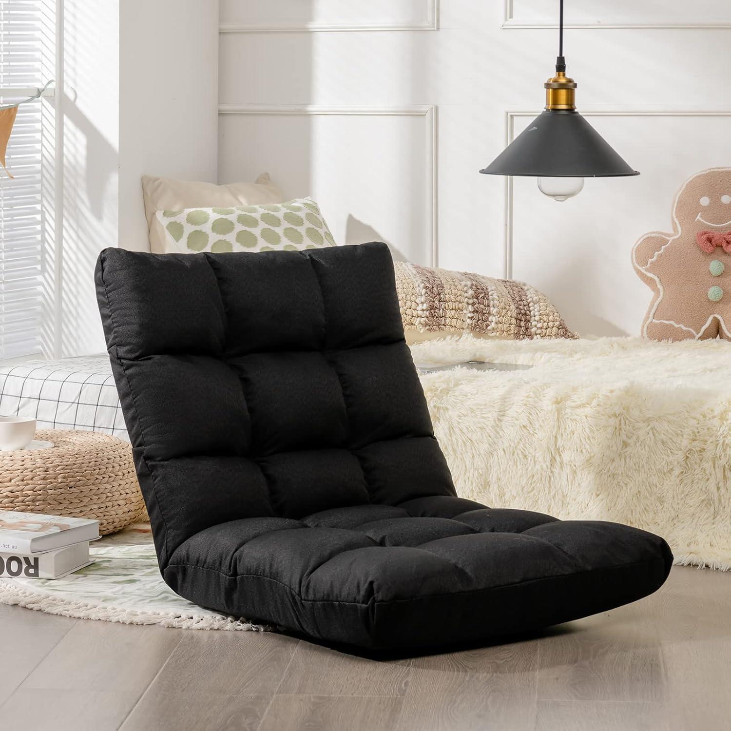 image:imageGiantex Floor Sofa Chair Video Gaming Chair with 14 Adjustable Position Padded Back Support Floor Cushioned Seat Folding Lazy Chair for Meditation Reading Watching Living Room ReclinerGreyBlack