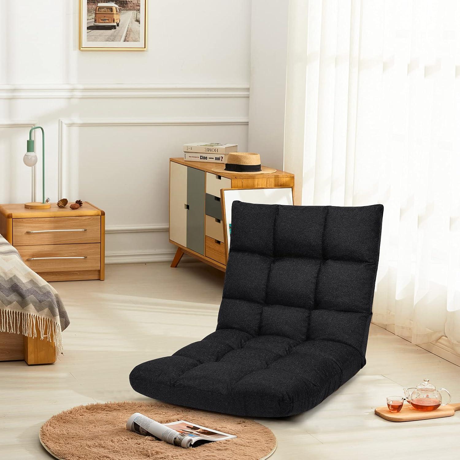 image:imageGiantex Floor Sofa Chair Video Gaming Chair with 14 Adjustable Position Padded Back Support Floor Cushioned Seat Folding Lazy Chair for Meditation Reading Watching Living Room ReclinerGreyBlack