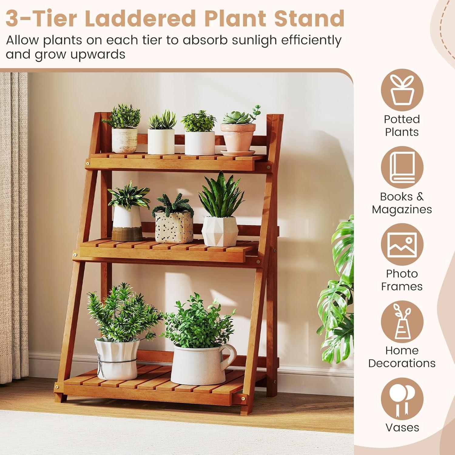 image:imageGiantex Foldable Ladder Plant Shelf 3Tier Solid Wood Indoor Outdoor Flower Pot Display Rack Corner Storage Bookshelf Freestanding Tiered Plant Stand for Garden Patio Balcony No Assembly