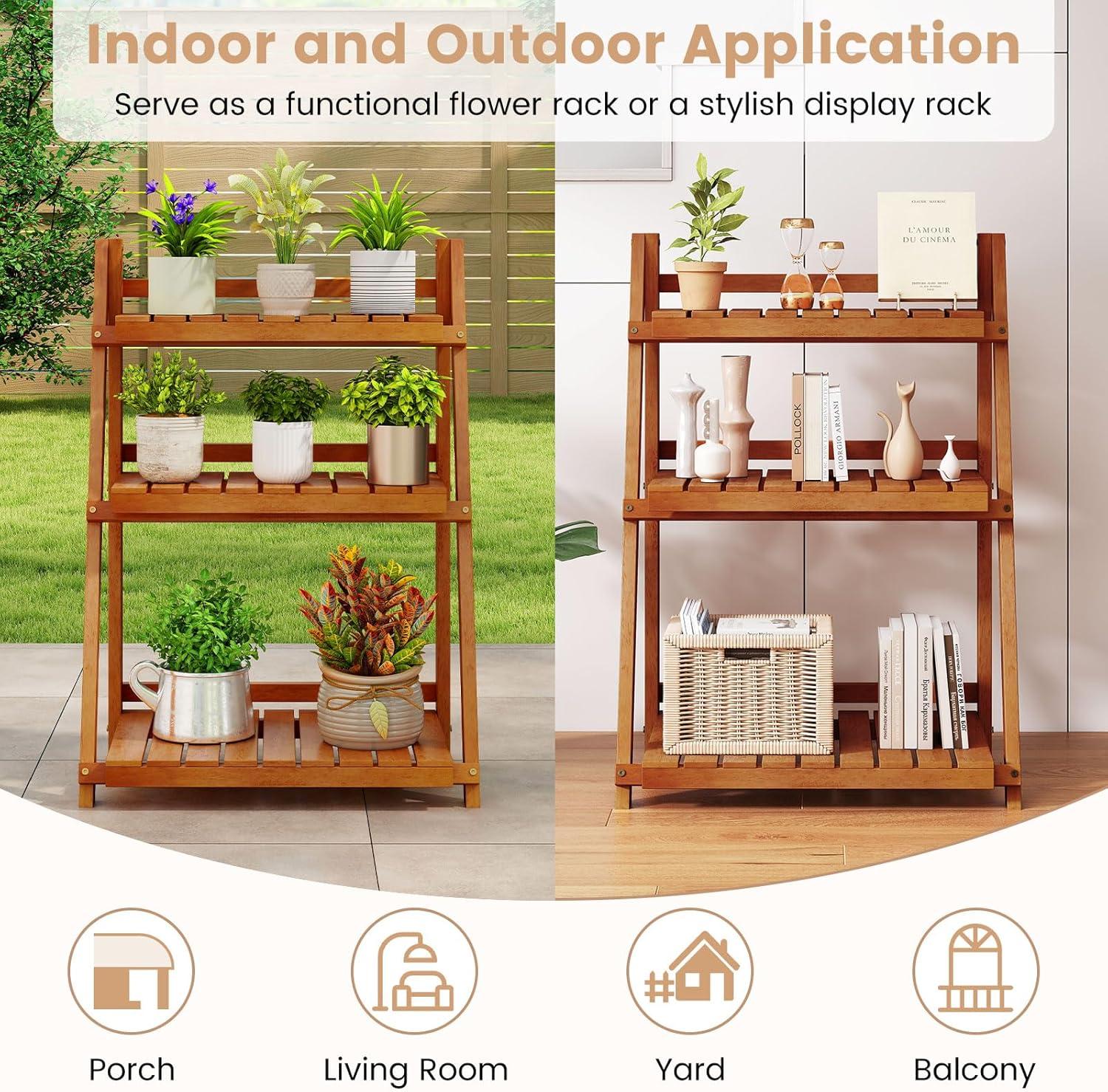 image:imageGiantex Foldable Ladder Plant Shelf 3Tier Solid Wood Indoor Outdoor Flower Pot Display Rack Corner Storage Bookshelf Freestanding Tiered Plant Stand for Garden Patio Balcony No Assembly