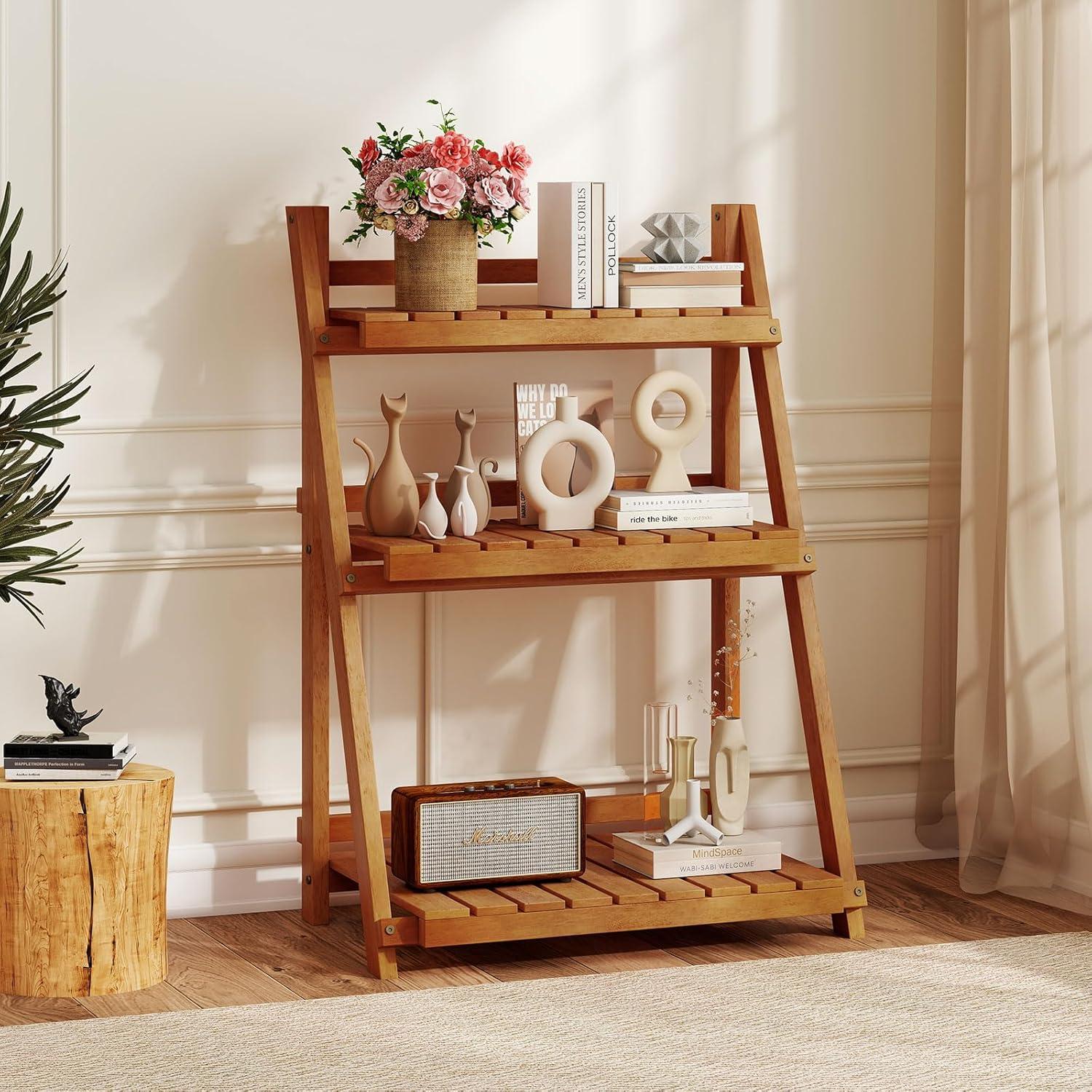 image:imageGiantex Foldable Ladder Plant Shelf 3Tier Solid Wood Indoor Outdoor Flower Pot Display Rack Corner Storage Bookshelf Freestanding Tiered Plant Stand for Garden Patio Balcony No Assembly