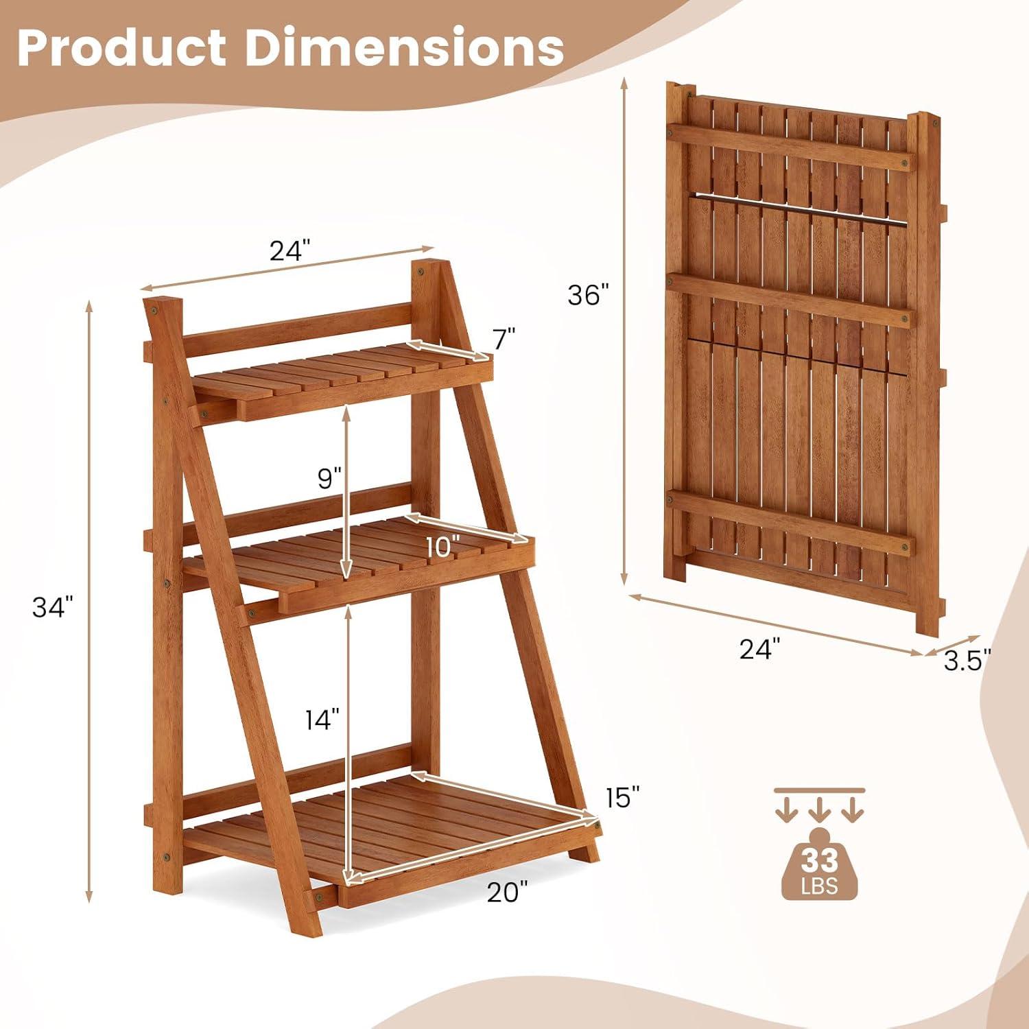 image:imageGiantex Foldable Ladder Plant Shelf 3Tier Solid Wood Indoor Outdoor Flower Pot Display Rack Corner Storage Bookshelf Freestanding Tiered Plant Stand for Garden Patio Balcony No Assembly