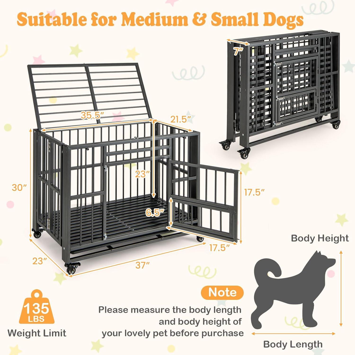 image:imageGiantex Foldable Metal Dog Crate Heavy Duty Dog Cage with Top and Front Doors Feeding Access Removable Tray Lockable Wheels Chew Proof Dog Kennel Indoor Outdoor 37L x 23W x 30H Black