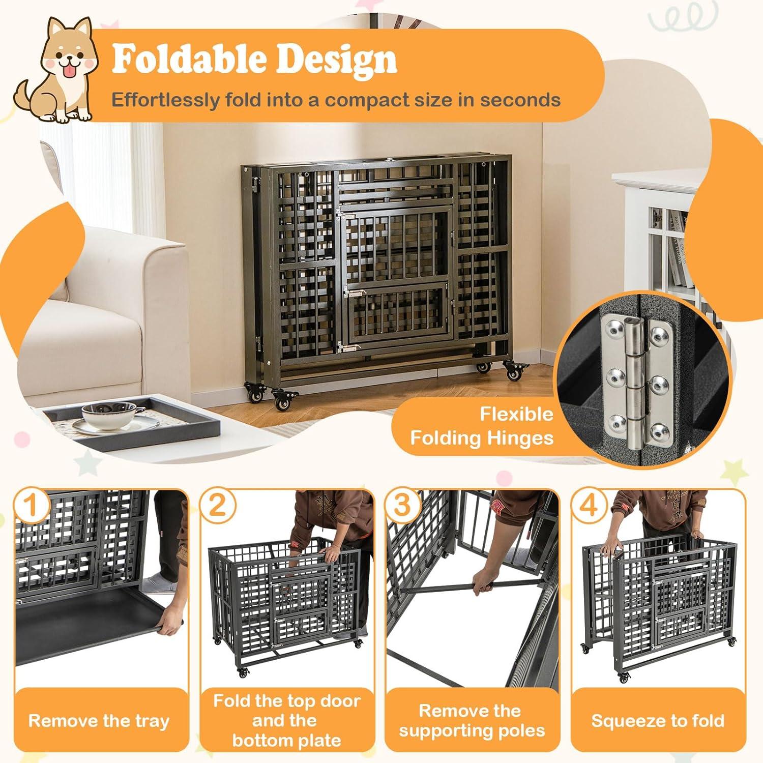image:imageGiantex Foldable Metal Dog Crate Heavy Duty Dog Cage with Top and Front Doors Feeding Access Removable Tray Lockable Wheels Chew Proof Dog Kennel Indoor Outdoor 37L x 23W x 30H Black