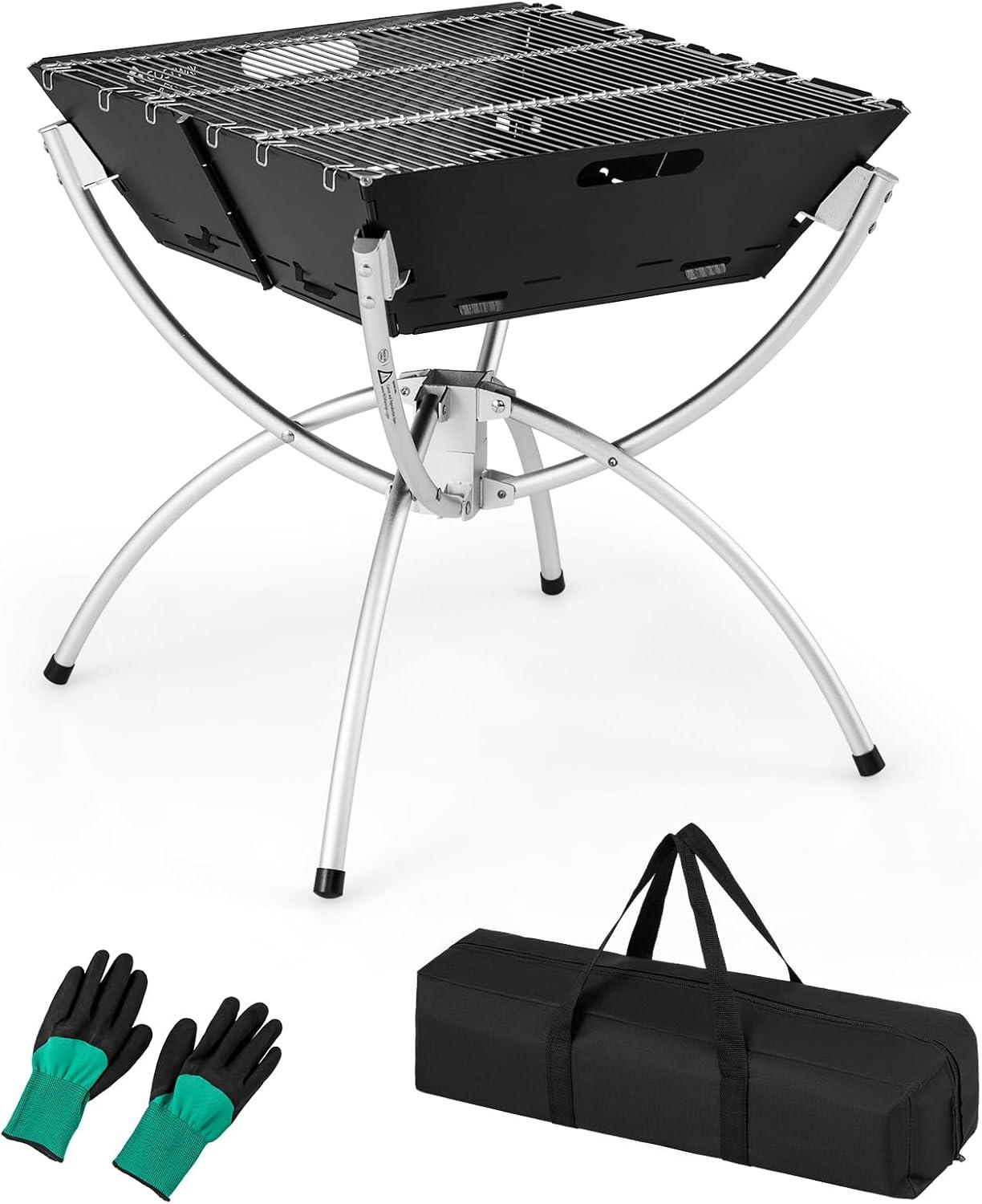 image:imageGiantex Folding Campfire Grill Camping Grill with Stainless Steel Grates Collapsible Aluminum Legs Carry Bag Portable Firewood Barbecue Grill for Backpacking Road Trips Outdoor CookingBlack Silver