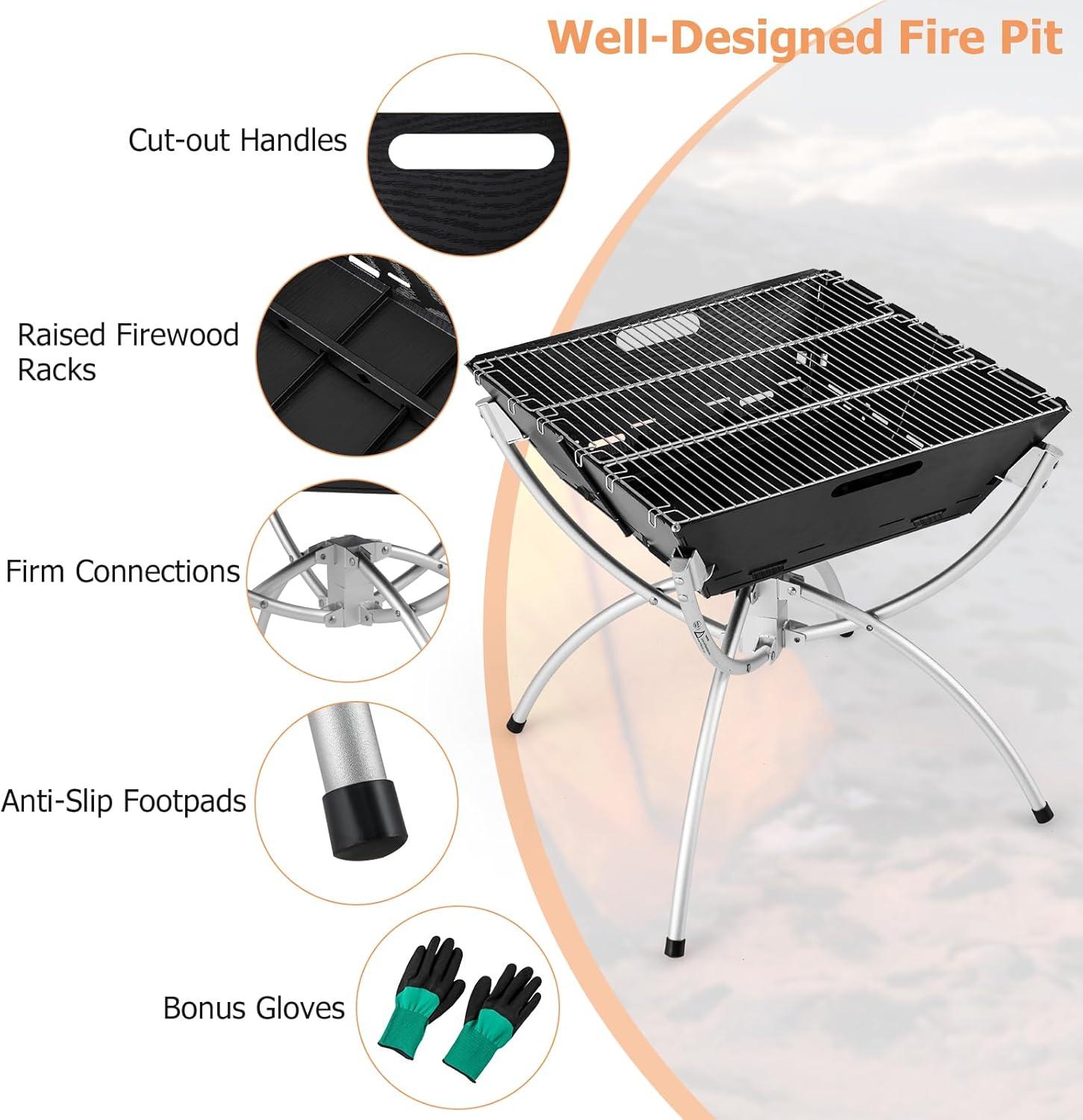image:imageGiantex Folding Campfire Grill Camping Grill with Stainless Steel Grates Collapsible Aluminum Legs Carry Bag Portable Firewood Barbecue Grill for Backpacking Road Trips Outdoor CookingBlack Silver