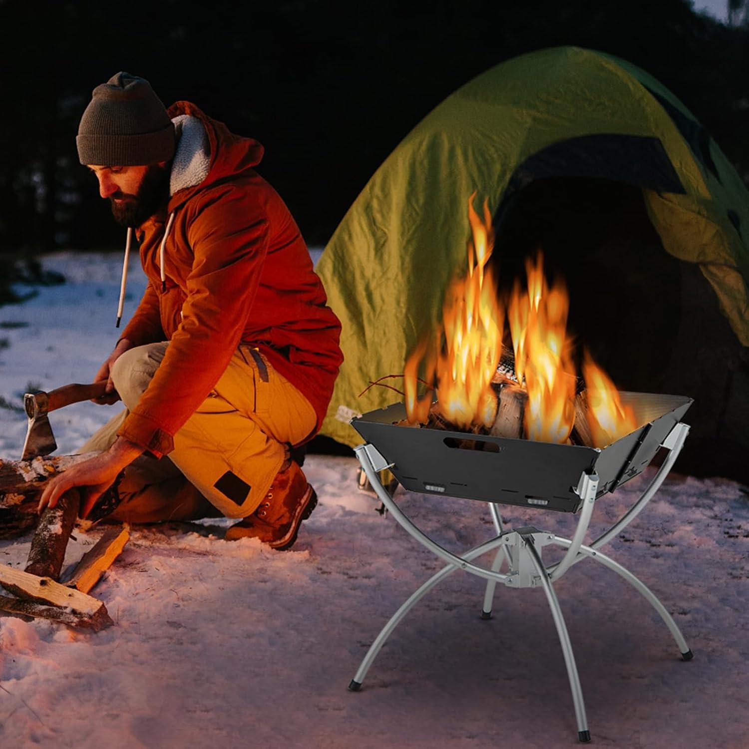 image:imageGiantex Folding Campfire Grill Camping Grill with Stainless Steel Grates Collapsible Aluminum Legs Carry Bag Portable Firewood Barbecue Grill for Backpacking Road Trips Outdoor CookingBlack Silver