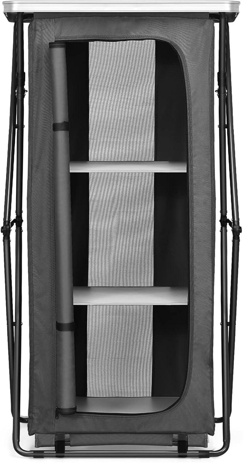 image:imageGiantex Folding Camping Storage Cabinet with 3 Shelves and Carry Bag Portable Outdoor Organizer Kitchen Table Quick Setup for BBQ Picnic Backyard Compact PopUp Cupboard 35HGrey