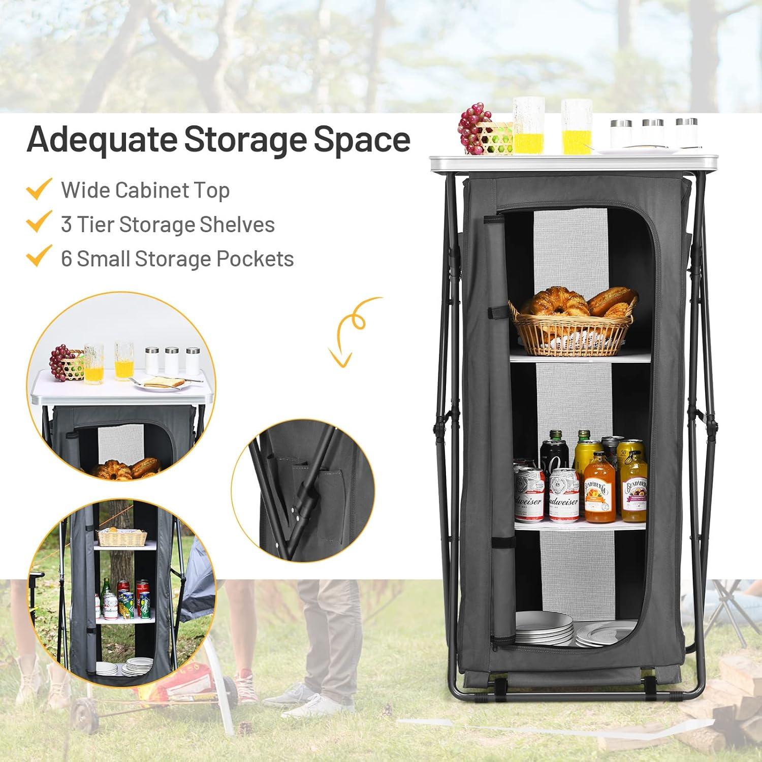 image:imageGiantex Folding Camping Storage Cabinet with 3 Shelves and Carry Bag Portable Outdoor Organizer Kitchen Table Quick Setup for BBQ Picnic Backyard Compact PopUp Cupboard 35HGrey