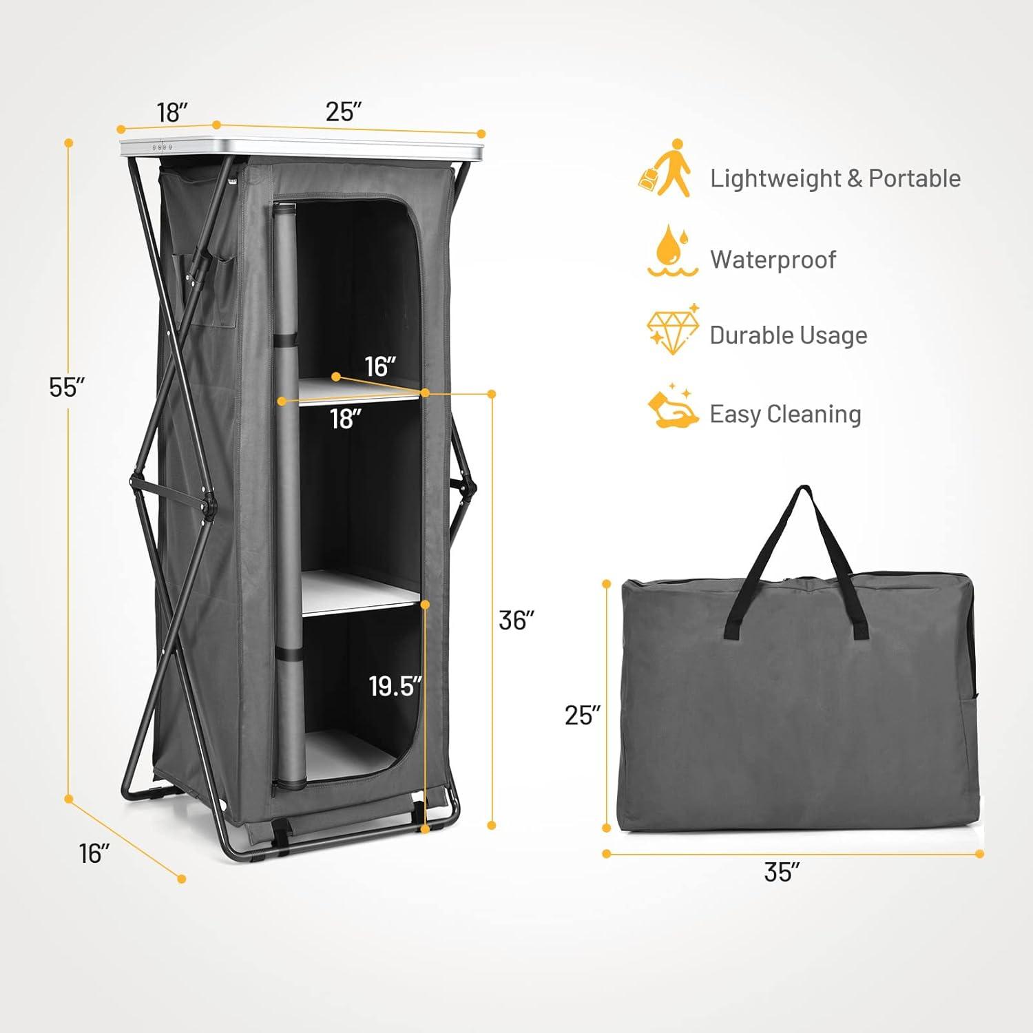 image:imageGiantex Folding Camping Storage Cabinet with 3 Shelves and Carry Bag Portable Outdoor Organizer Kitchen Table Quick Setup for BBQ Picnic Backyard Compact PopUp Cupboard 35HGrey