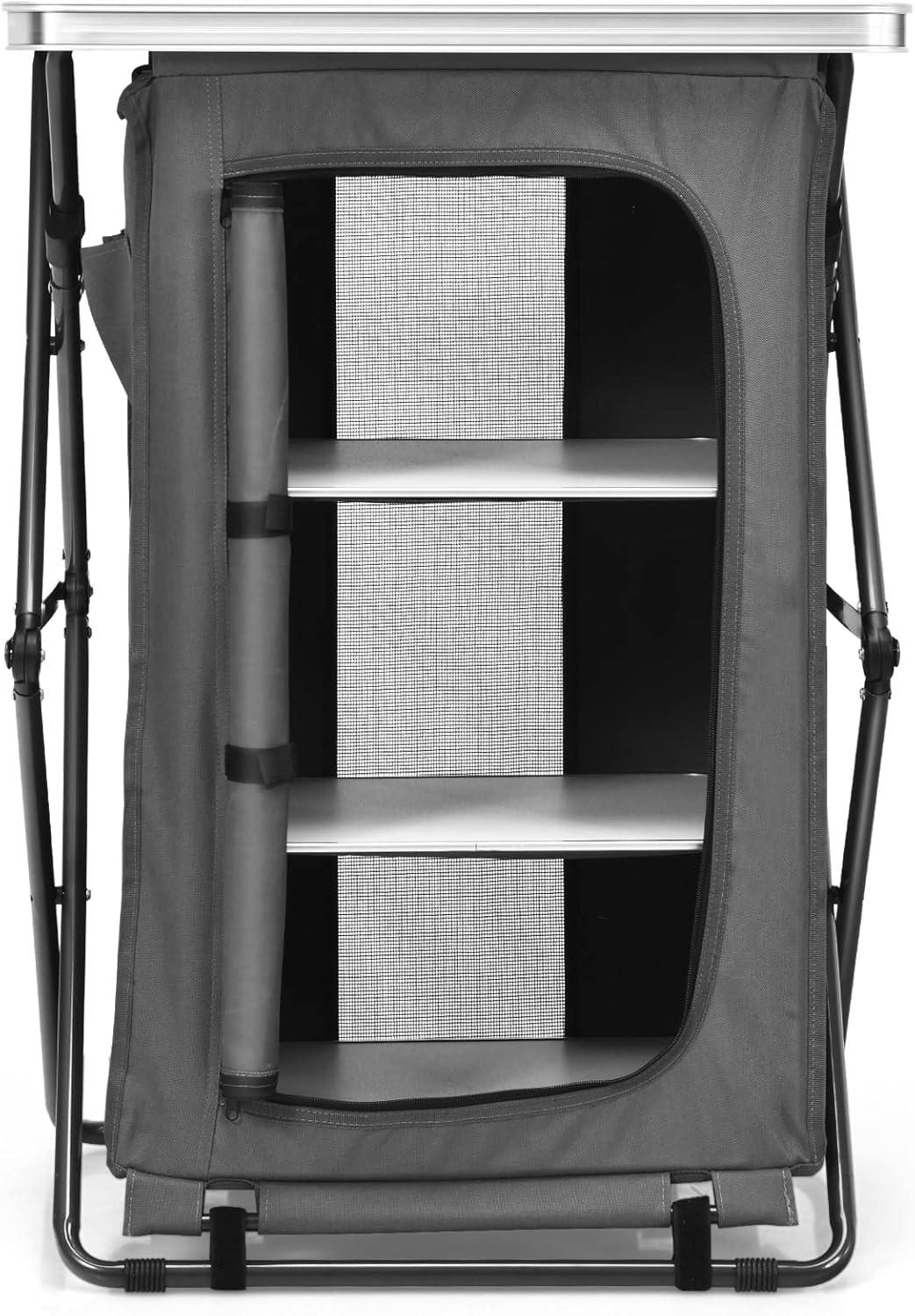 image:imageGiantex Folding Camping Storage Cabinet with 3 Shelves and Carry Bag Portable Outdoor Organizer Kitchen Table Quick Setup for BBQ Picnic Backyard Compact PopUp Cupboard 35HGrey