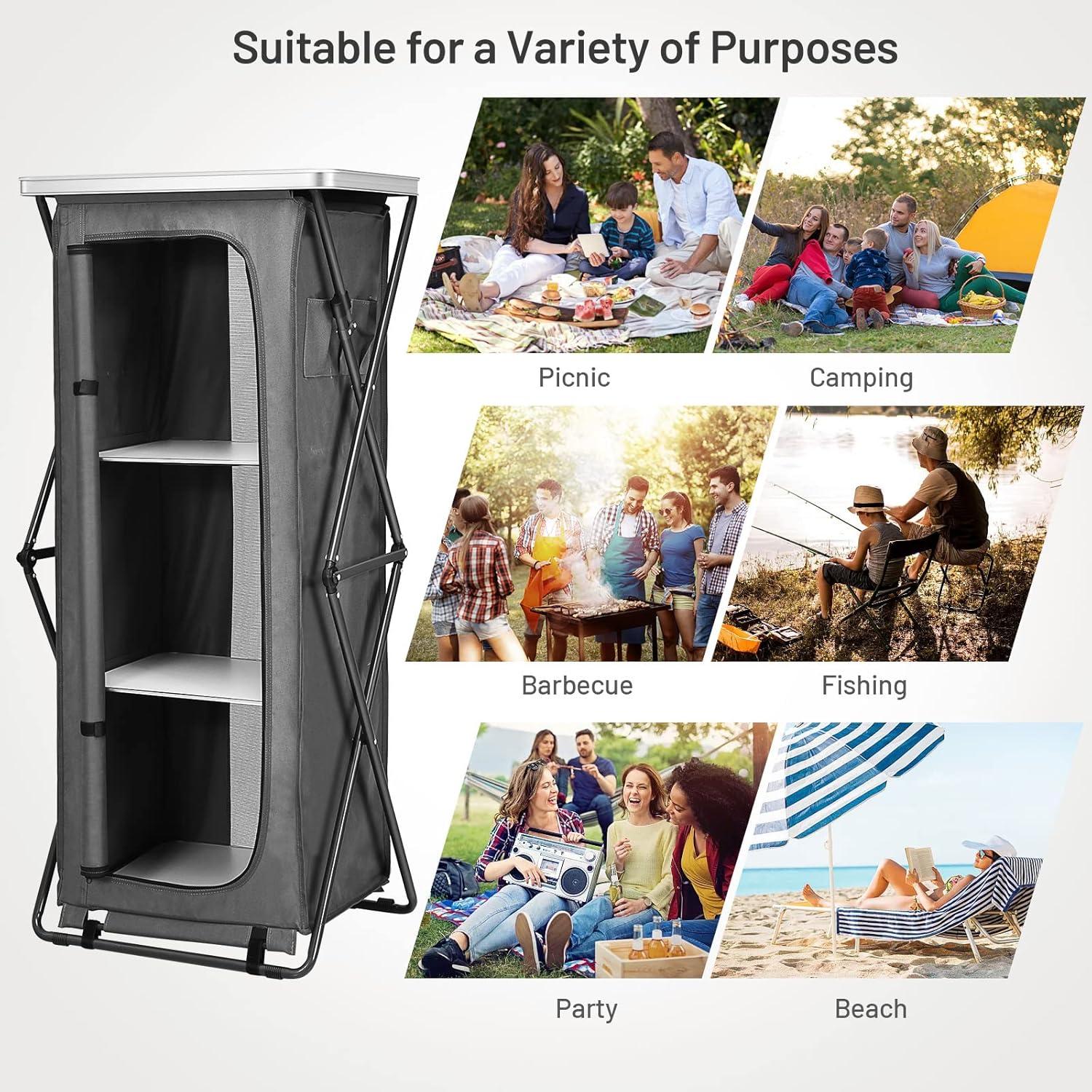 image:imageGiantex Folding Camping Storage Cabinet with 3 Shelves and Carry Bag Portable Outdoor Organizer Kitchen Table Quick Setup for BBQ Picnic Backyard Compact PopUp Cupboard 35HGrey