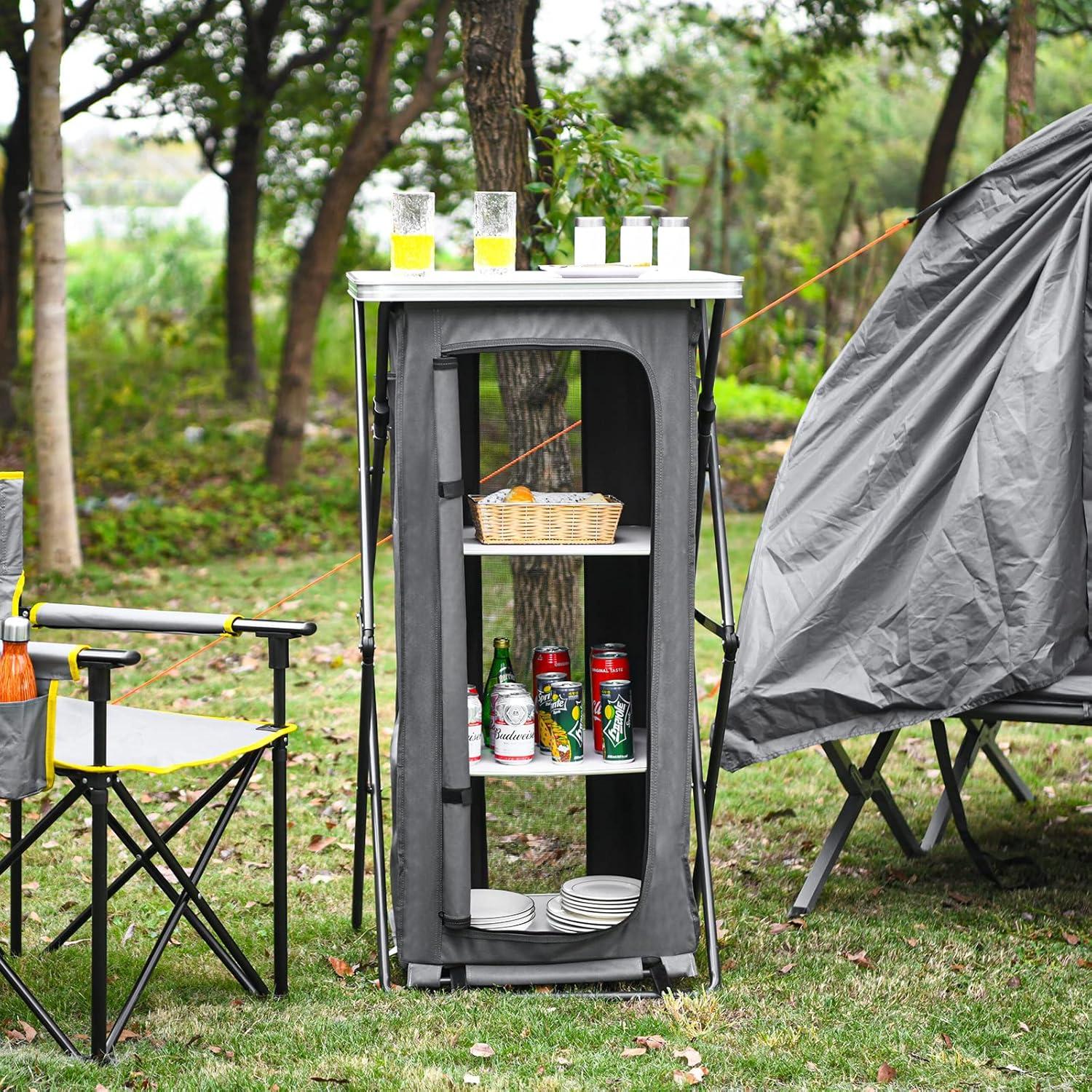 image:imageGiantex Folding Camping Storage Cabinet with 3 Shelves and Carry Bag Portable Outdoor Organizer Kitchen Table Quick Setup for BBQ Picnic Backyard Compact PopUp Cupboard 35HGrey