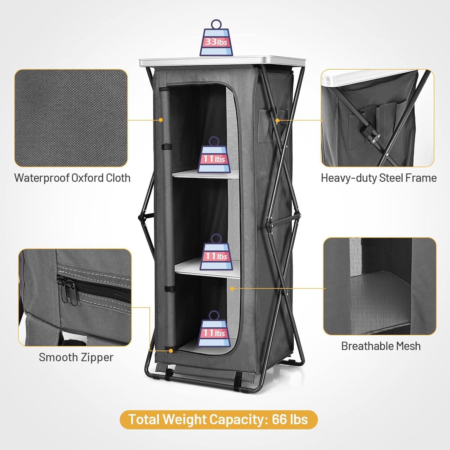 image:imageGiantex Folding Camping Storage Cabinet with 3 Shelves and Carry Bag Portable Outdoor Organizer Kitchen Table Quick Setup for BBQ Picnic Backyard Compact PopUp Cupboard 35HGrey